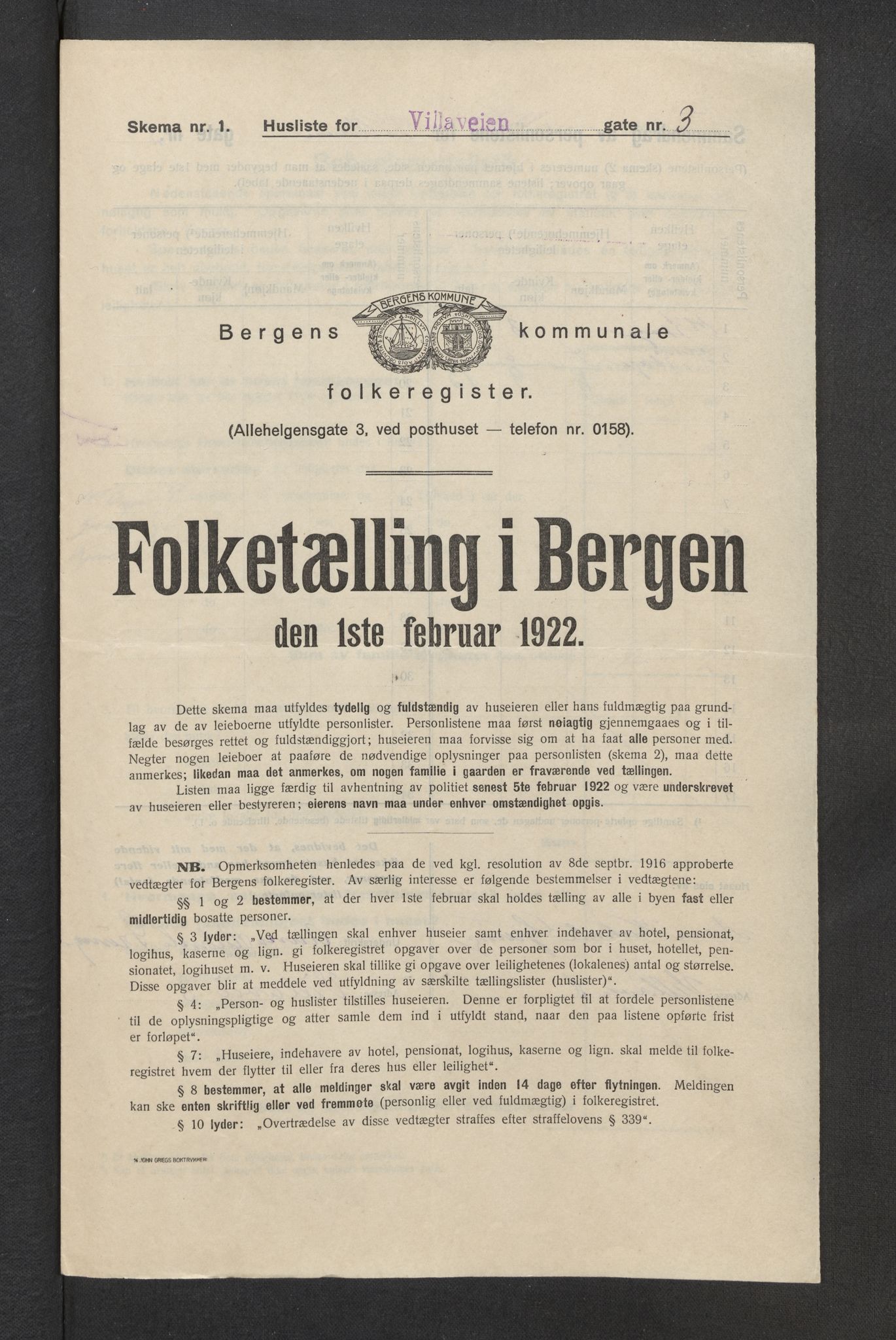 SAB, Municipal Census 1922 for Bergen, 1922, p. 46395