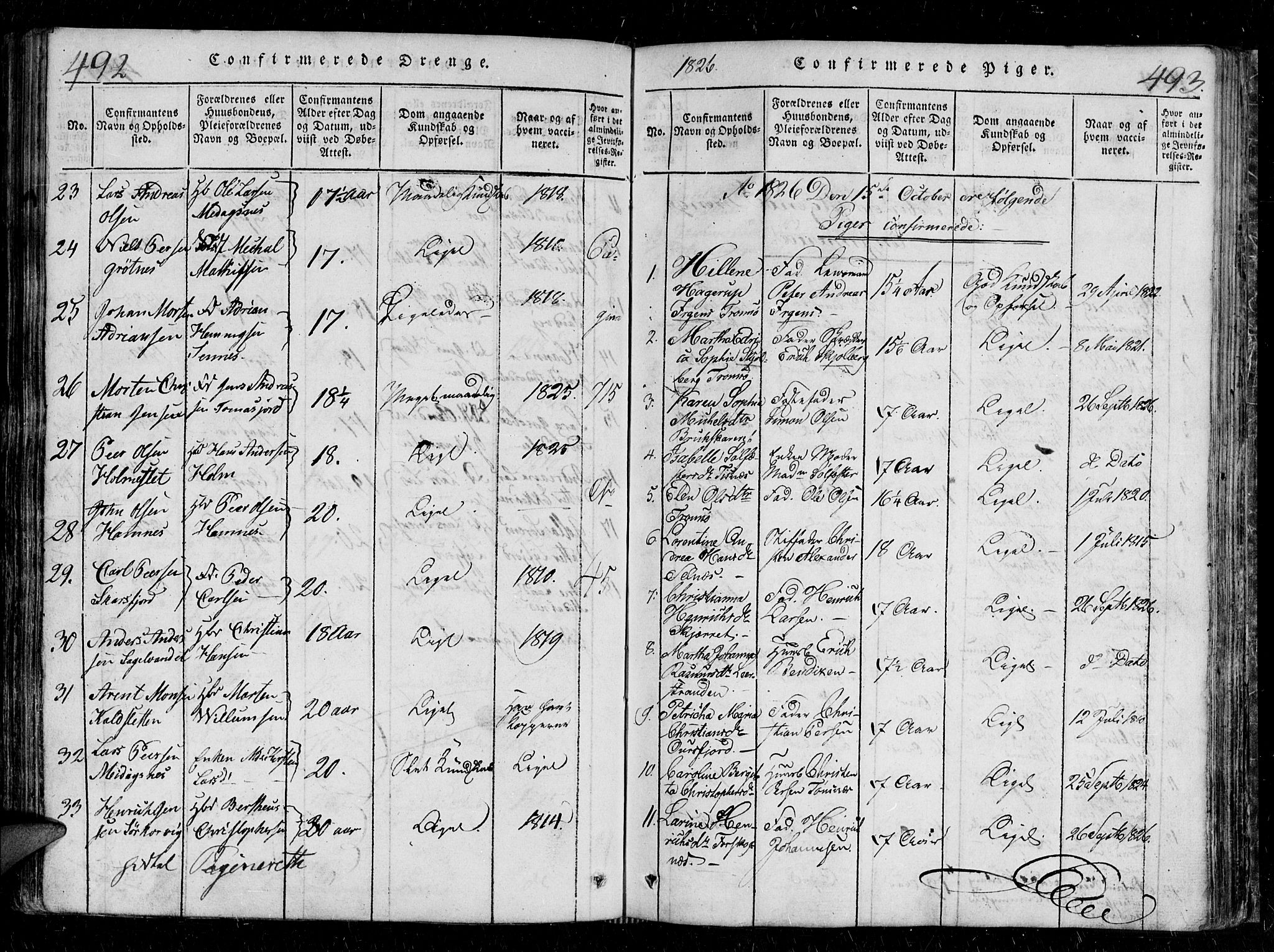 Tromsø sokneprestkontor/stiftsprosti/domprosti, SATØ/S-1343/G/Gb/L0001klokker: Parish register (copy) no. 1, 1821-1833, p. 492-493