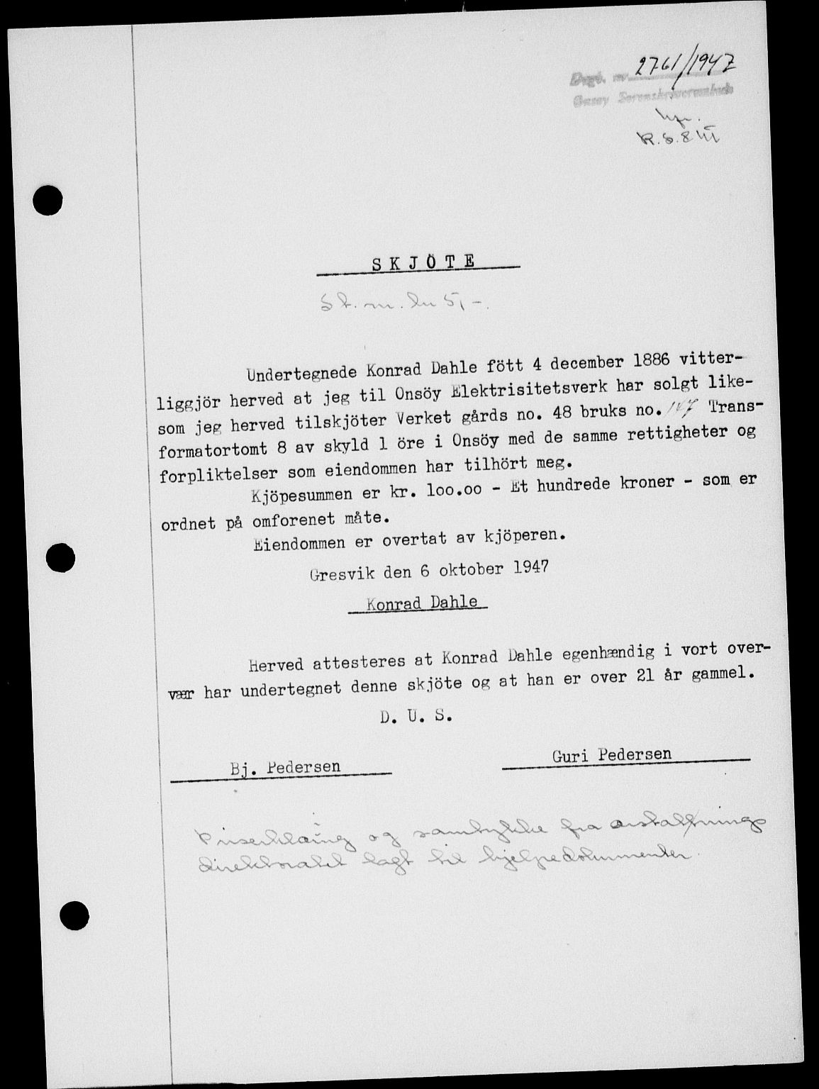 Onsøy sorenskriveri, SAO/A-10474/G/Ga/Gab/L0021: Mortgage book no. II A-21, 1947-1947, Diary no: : 2761/1947