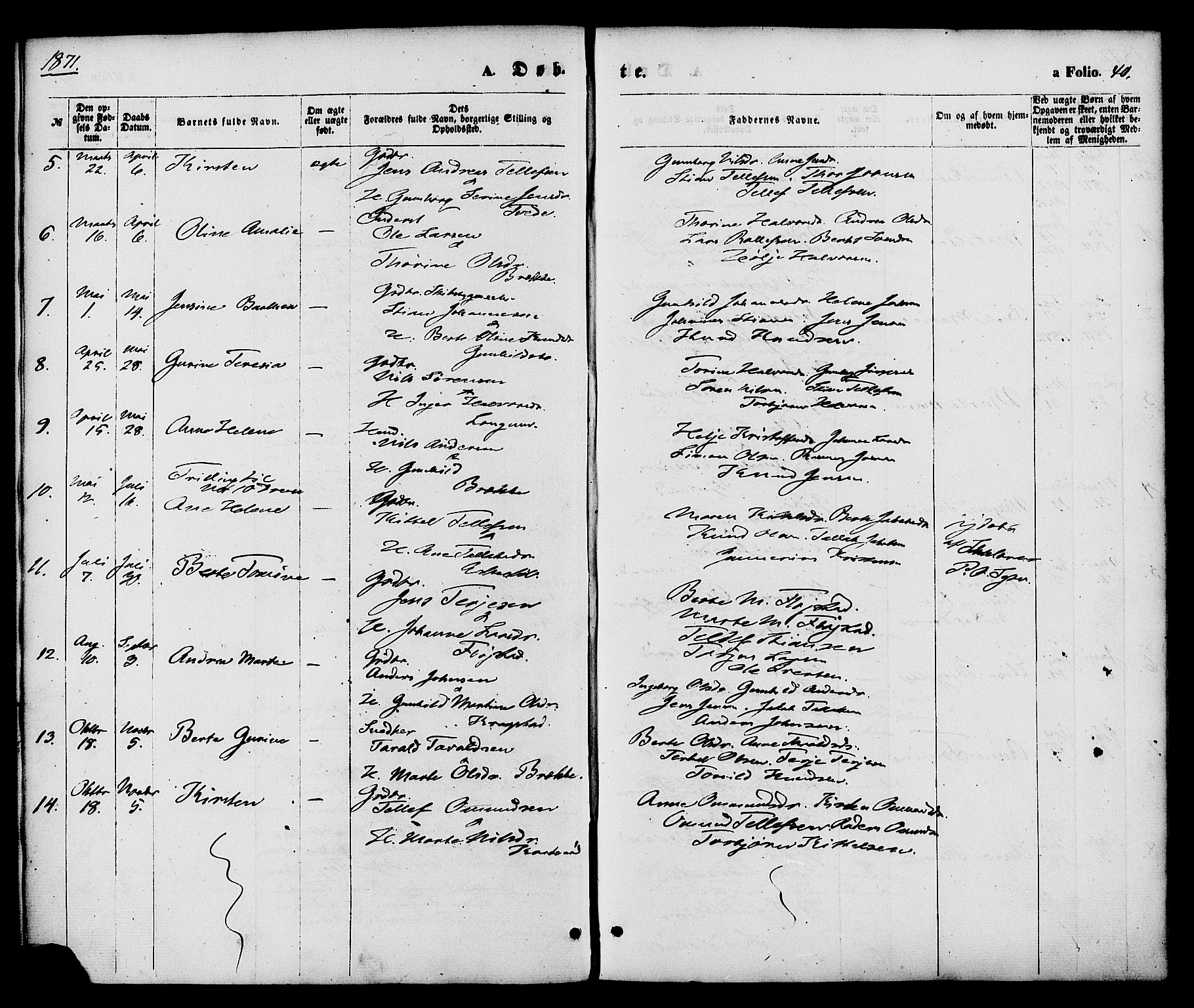 Austre Moland sokneprestkontor, SAK/1111-0001/F/Fa/Faa/L0009: Parish register (official) no. A 9, 1869-1879, p. 40