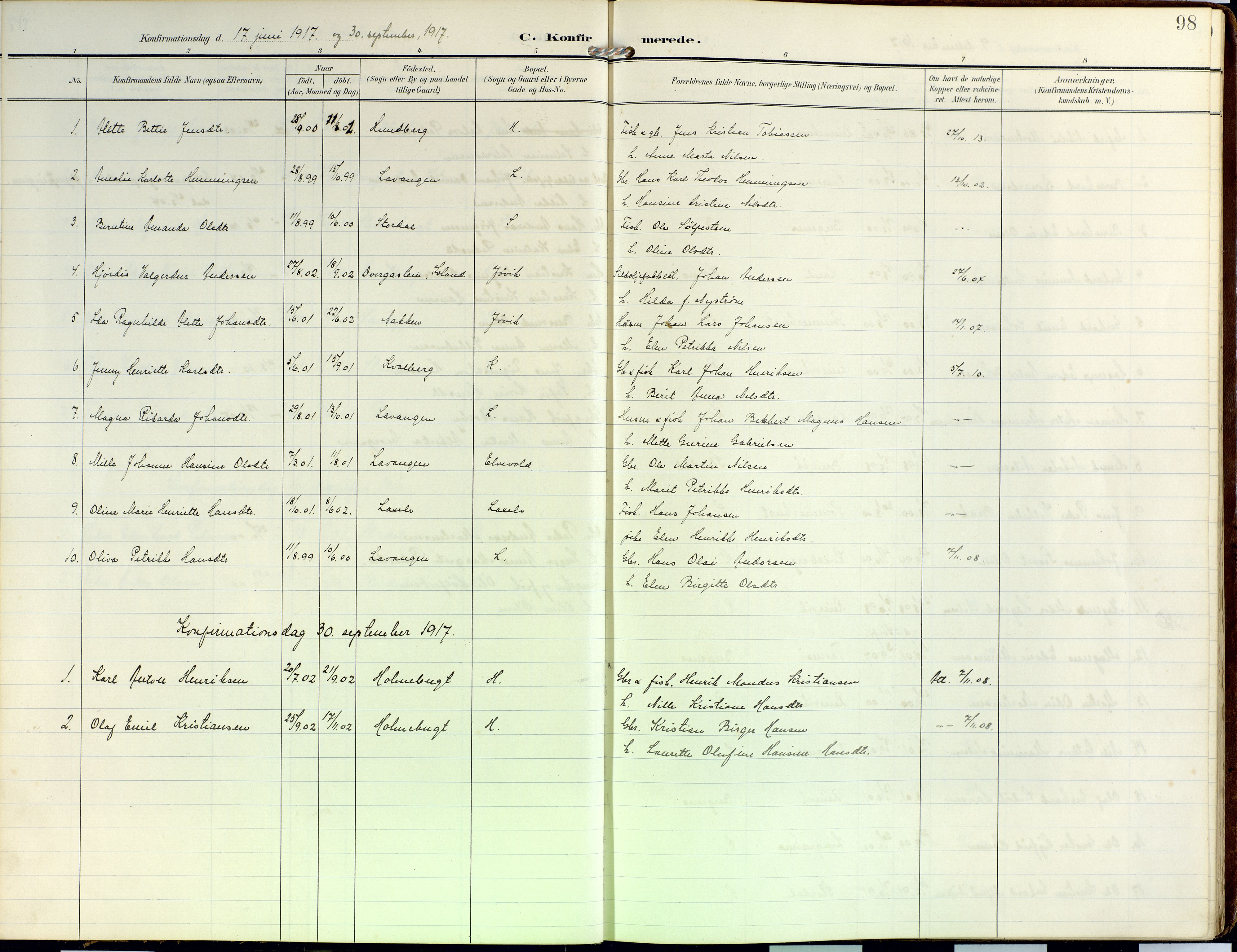 Lyngen sokneprestembete, SATØ/S-1289/H/He/Hea/L0014kirke: Parish register (official) no. 14, 1905-1920, p. 98