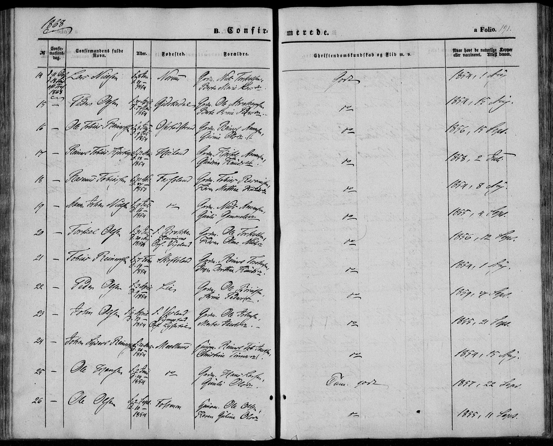 Sør-Audnedal sokneprestkontor, AV/SAK-1111-0039/F/Fa/Fab/L0007: Parish register (official) no. A 7, 1855-1876, p. 191