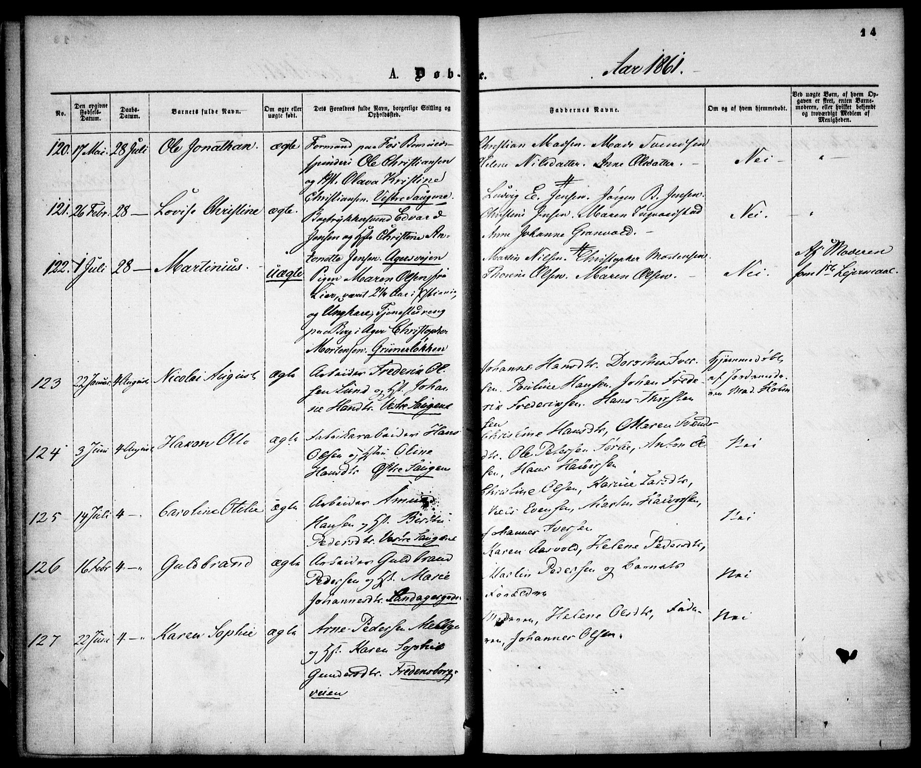 Gamle Aker prestekontor Kirkebøker, SAO/A-10617a/F/L0001: Parish register (official) no. 1, 1861-1865, p. 14