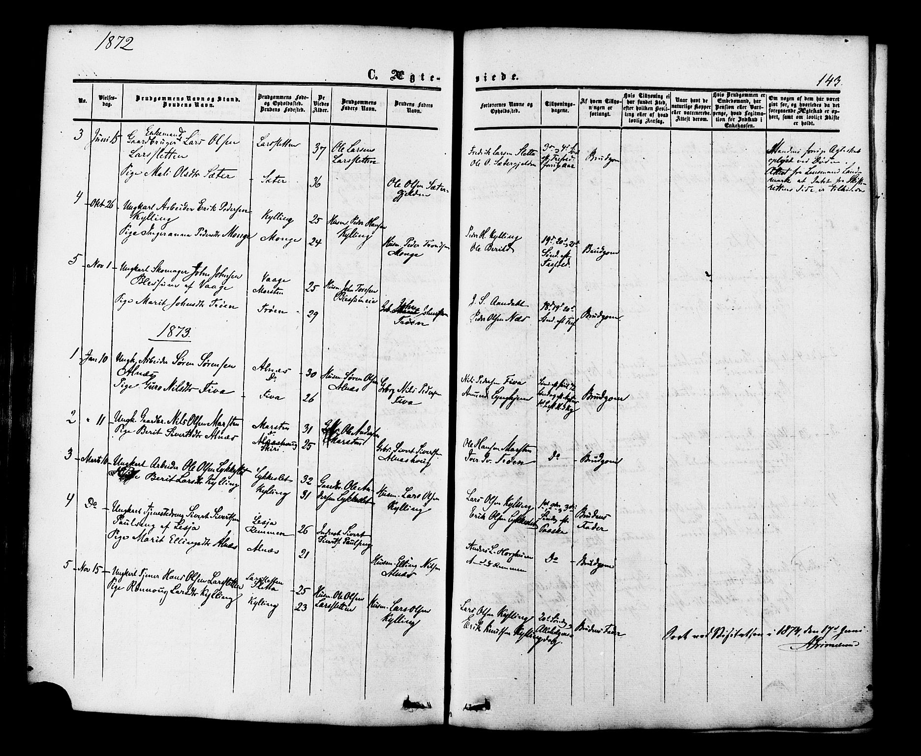 Ministerialprotokoller, klokkerbøker og fødselsregistre - Møre og Romsdal, AV/SAT-A-1454/546/L0594: Parish register (official) no. 546A02, 1854-1882, p. 143
