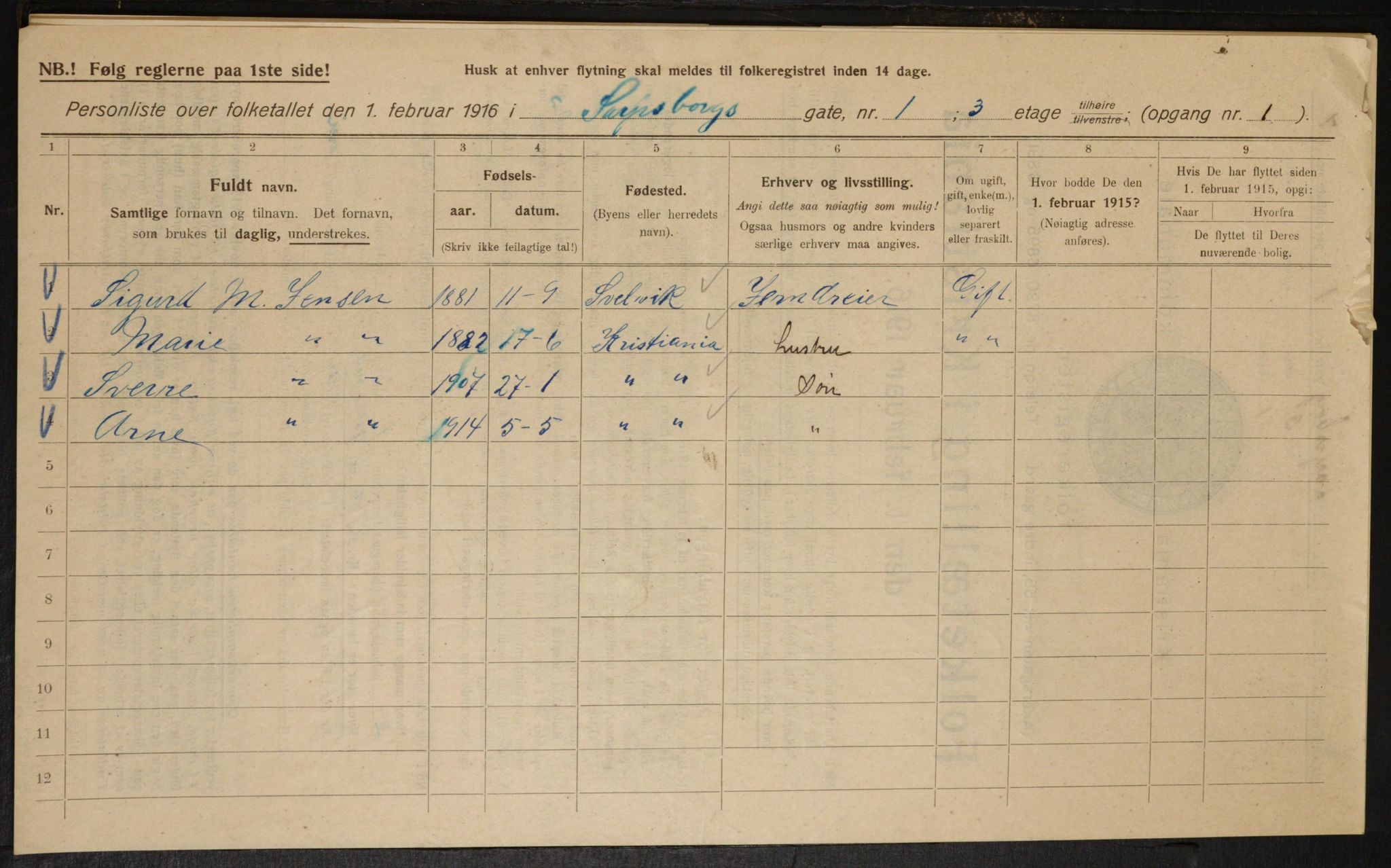 OBA, Municipal Census 1916 for Kristiania, 1916, p. 91308