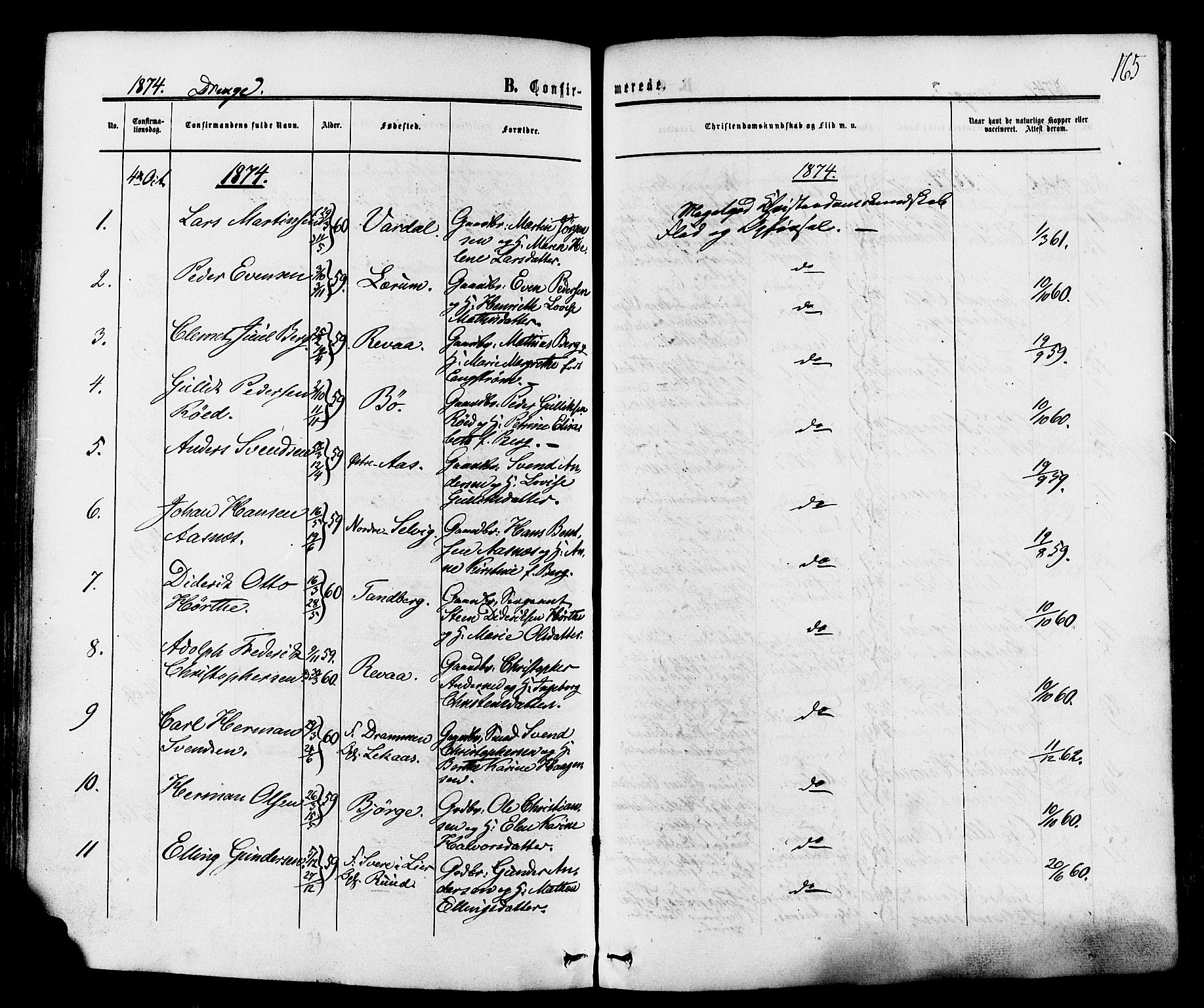 Sande Kirkebøker, SAKO/A-53/F/Fa/L0005: Parish register (official) no. 5, 1865-1877, p. 165