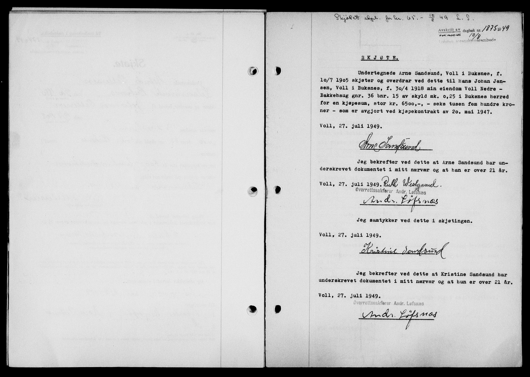Lofoten sorenskriveri, SAT/A-0017/1/2/2C/L0021a: Mortgage book no. 21a, 1949-1949, Diary no: : 1875/1949