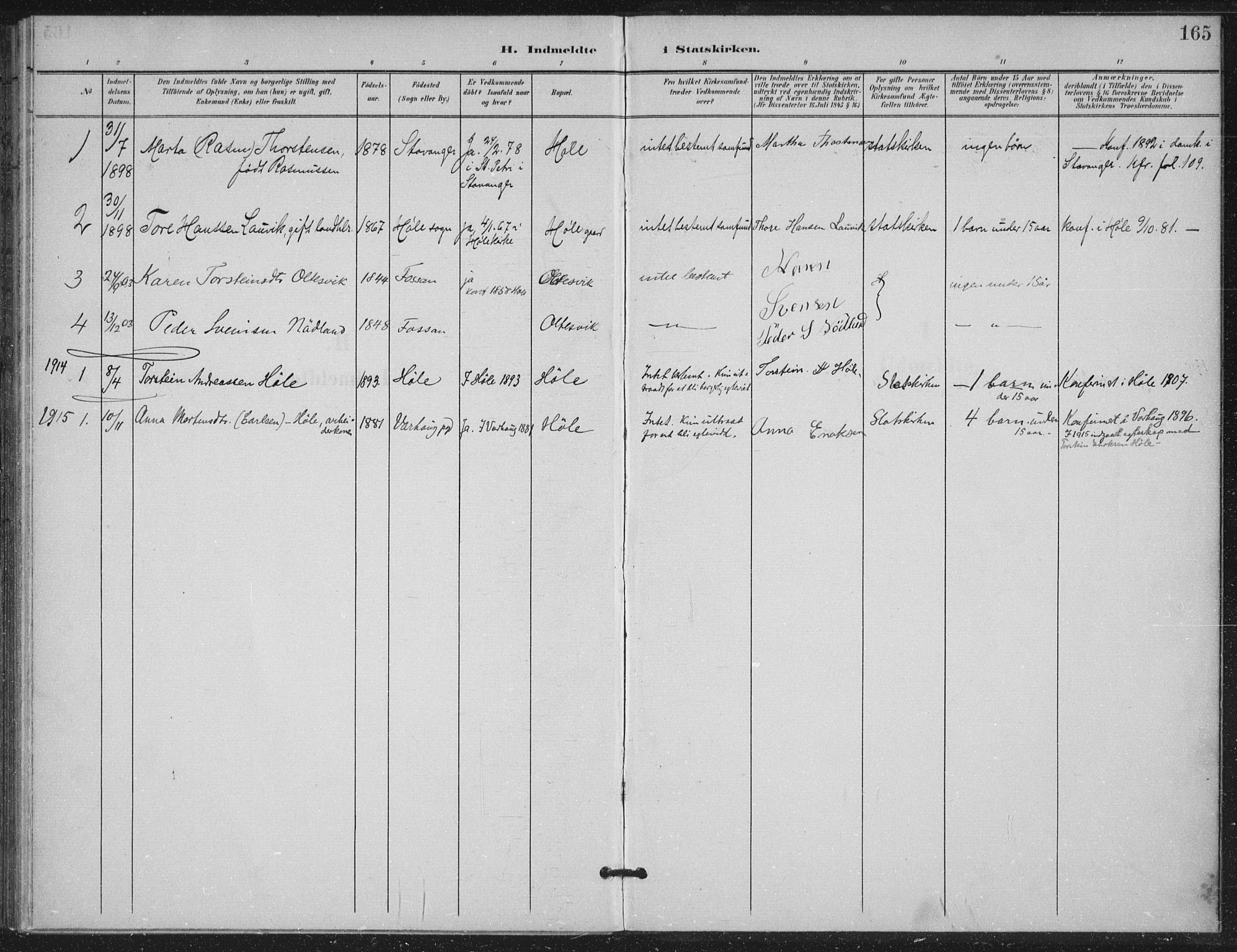 Høgsfjord sokneprestkontor, SAST/A-101624/H/Ha/Haa/L0008: Parish register (official) no. A 8, 1898-1920, p. 165