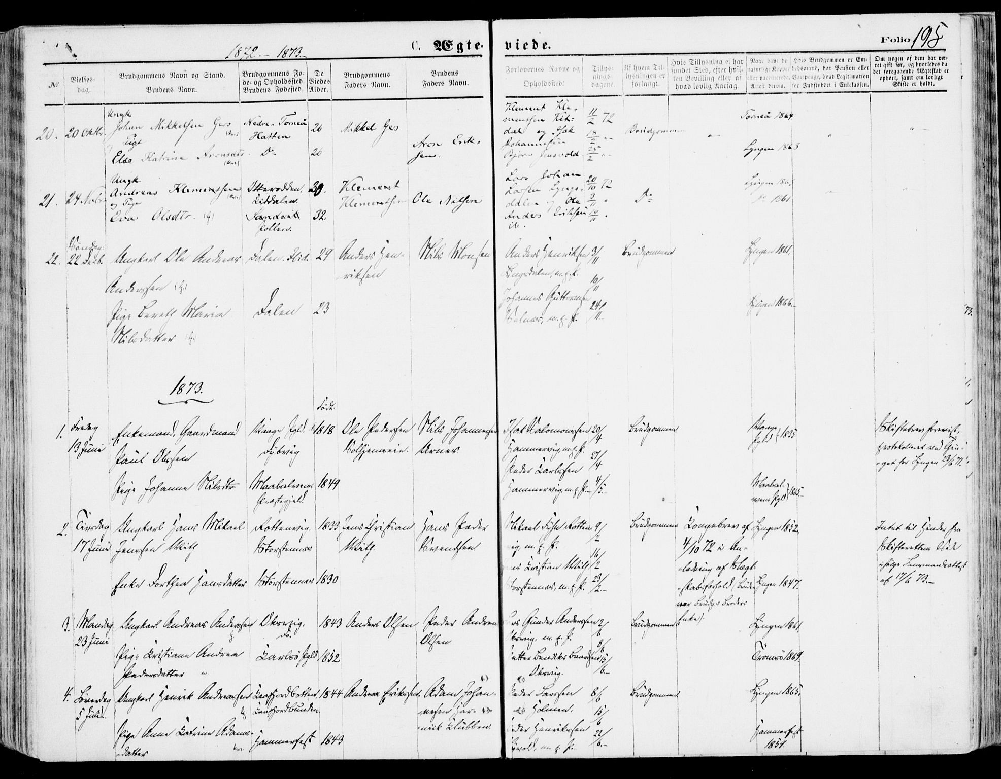 Lyngen sokneprestembete, AV/SATØ-S-1289/H/He/Hea/L0006kirke: Parish register (official) no. 6, 1870-1878, p. 195