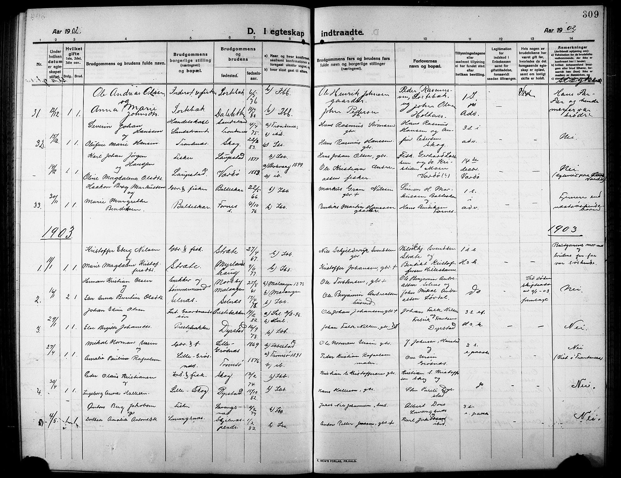 Ibestad sokneprestembete, SATØ/S-0077/H/Ha/Hab/L0009klokker: Parish register (copy) no. 9, 1902-1914, p. 309