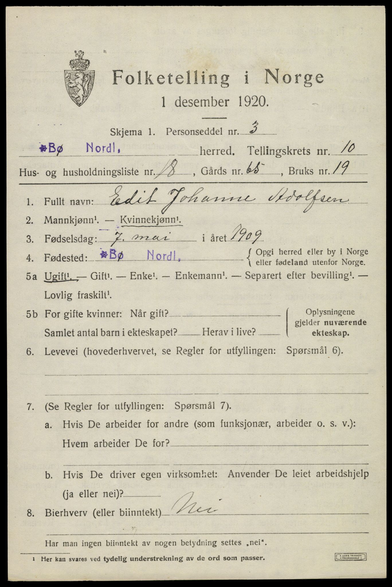 SAT, 1920 census for Bø, 1920, p. 8768