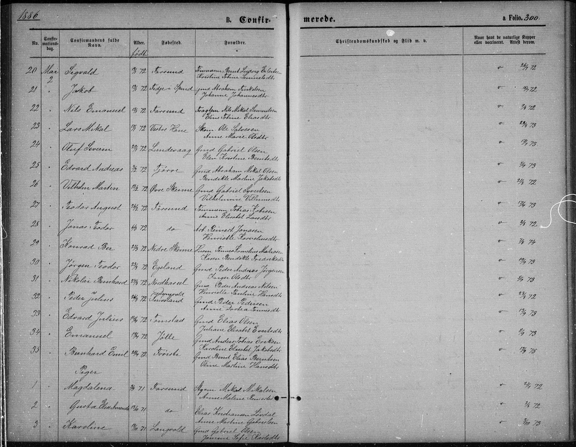 Lista sokneprestkontor, SAK/1111-0027/F/Fb/L0004: Parish register (copy) no. B 4, 1877-1891, p. 300
