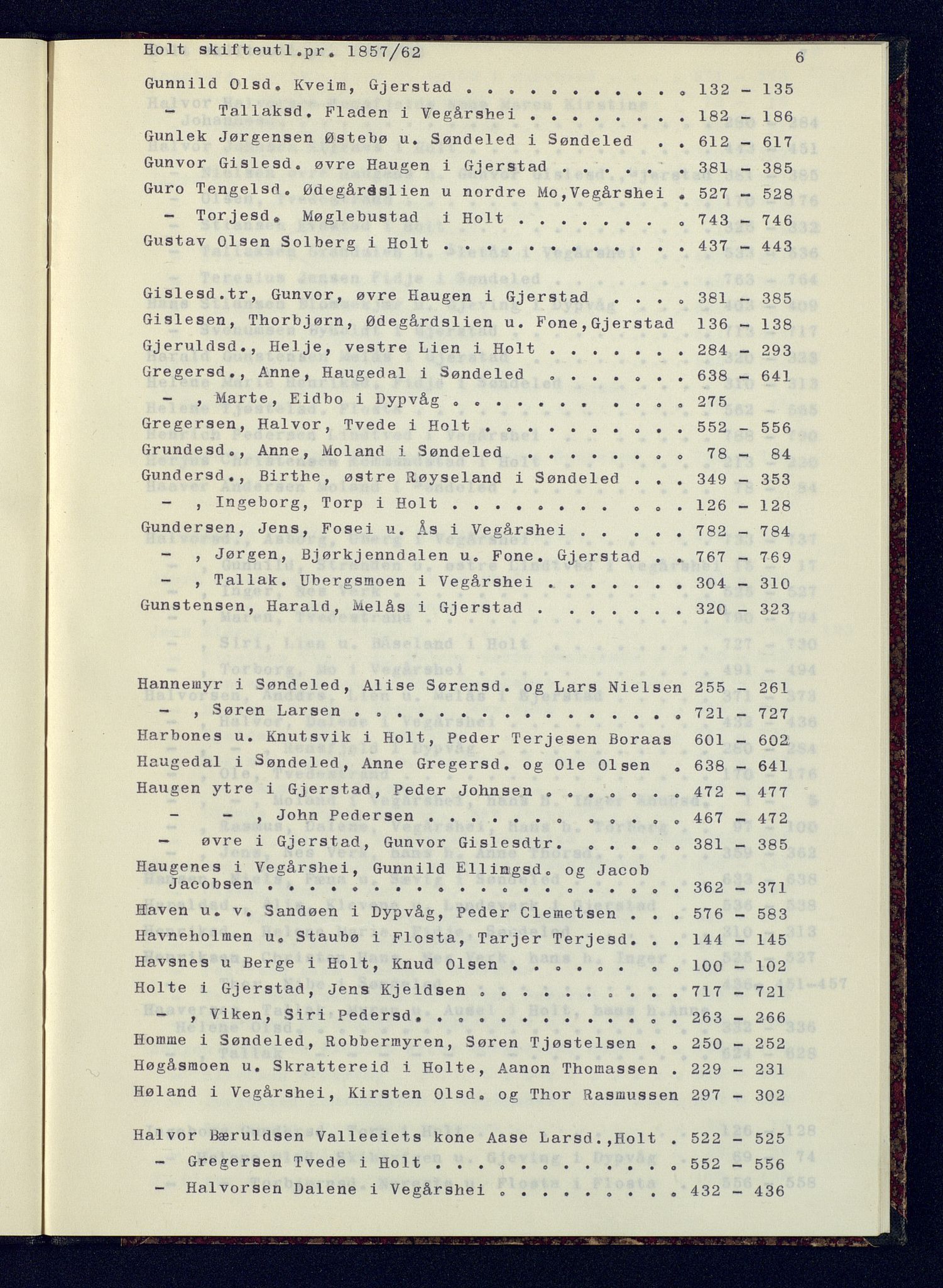 Holt sorenskriveri, SAK/1221-0002/H/Hc/L0029: Skifteutlodningsprotokoll nr. 4 med løst register, 1857-1862, p. 6