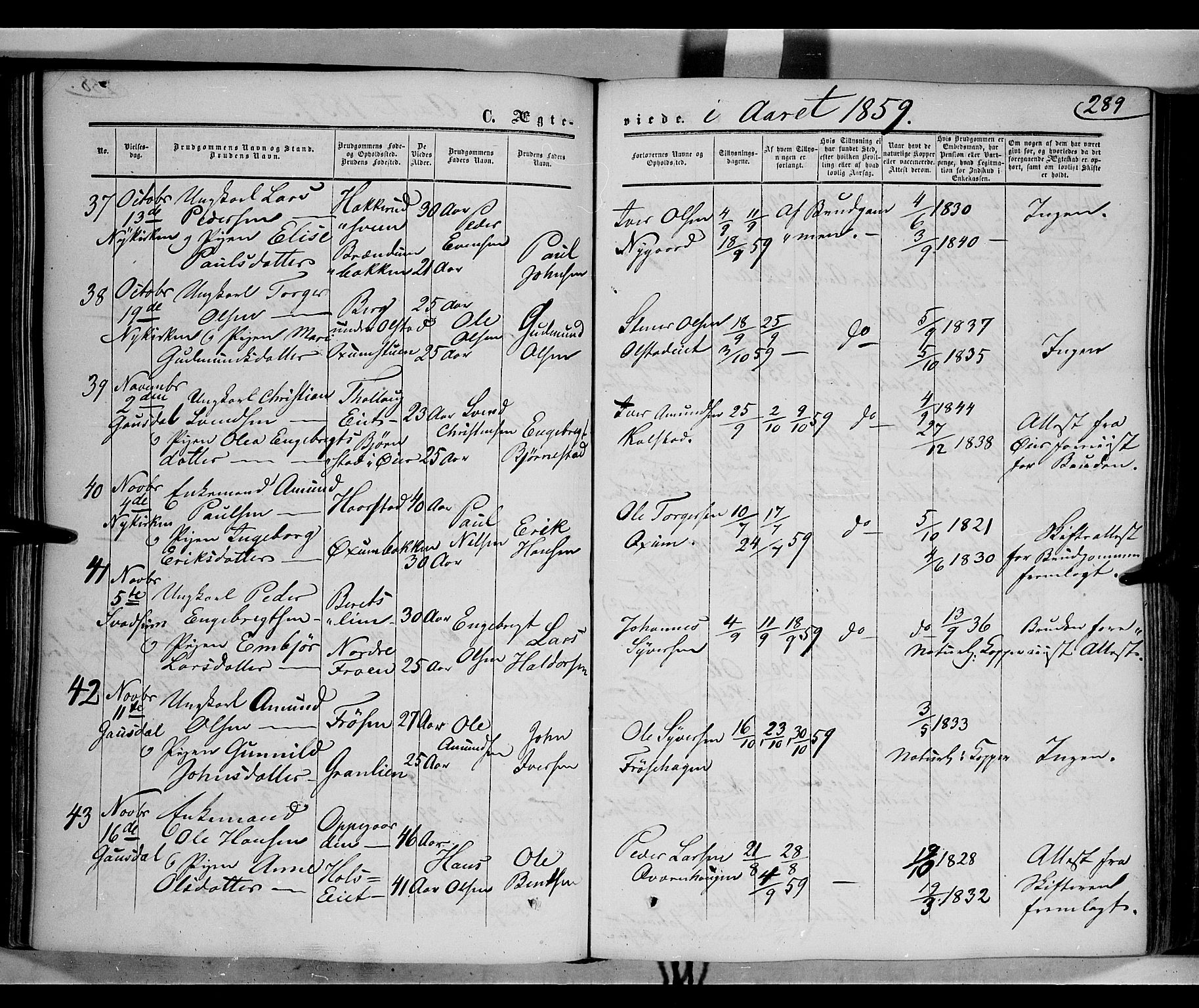 Gausdal prestekontor, AV/SAH-PREST-090/H/Ha/Haa/L0008: Parish register (official) no. 8, 1850-1861, p. 289