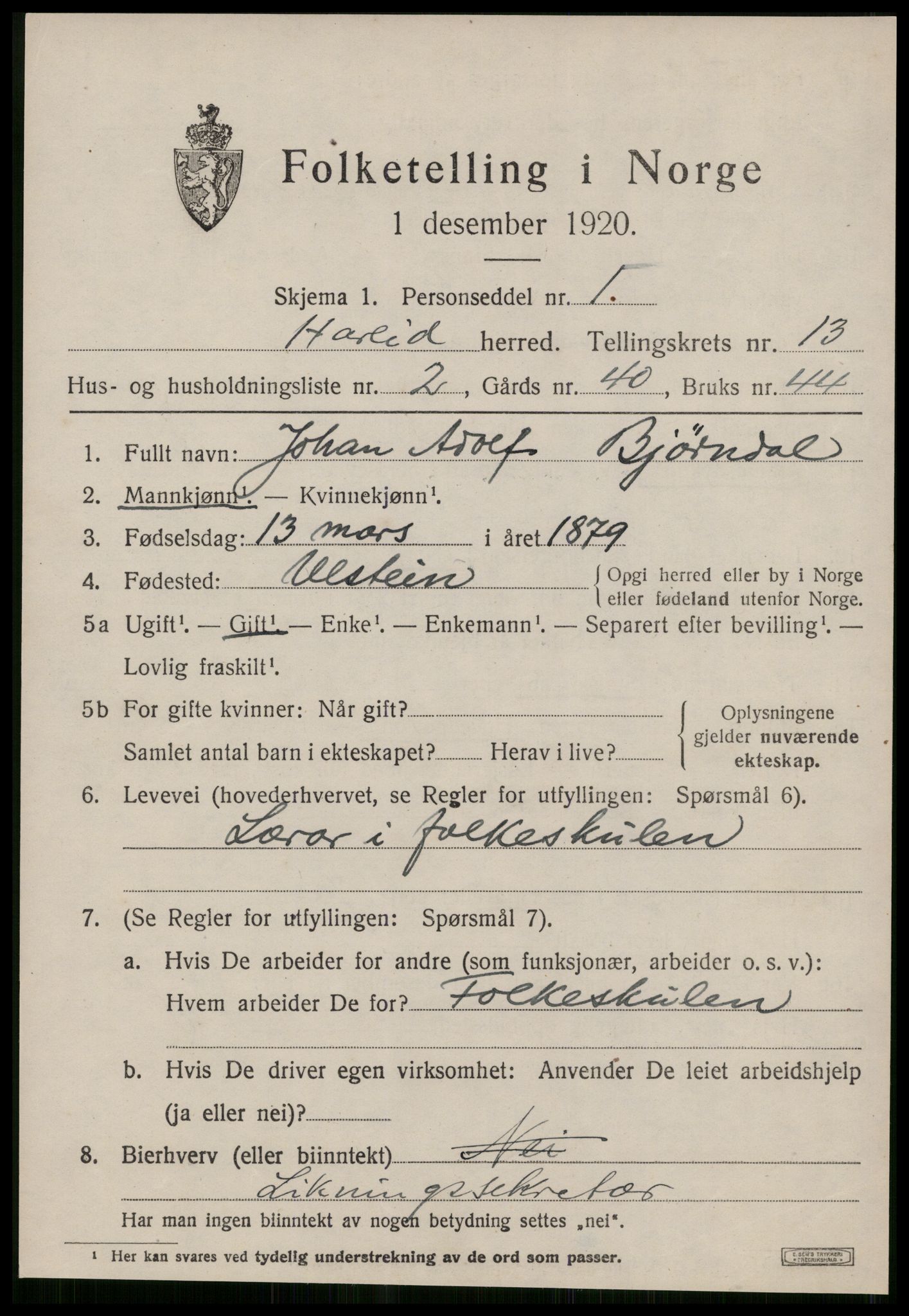 SAT, 1920 census for Hareid, 1920, p. 4937