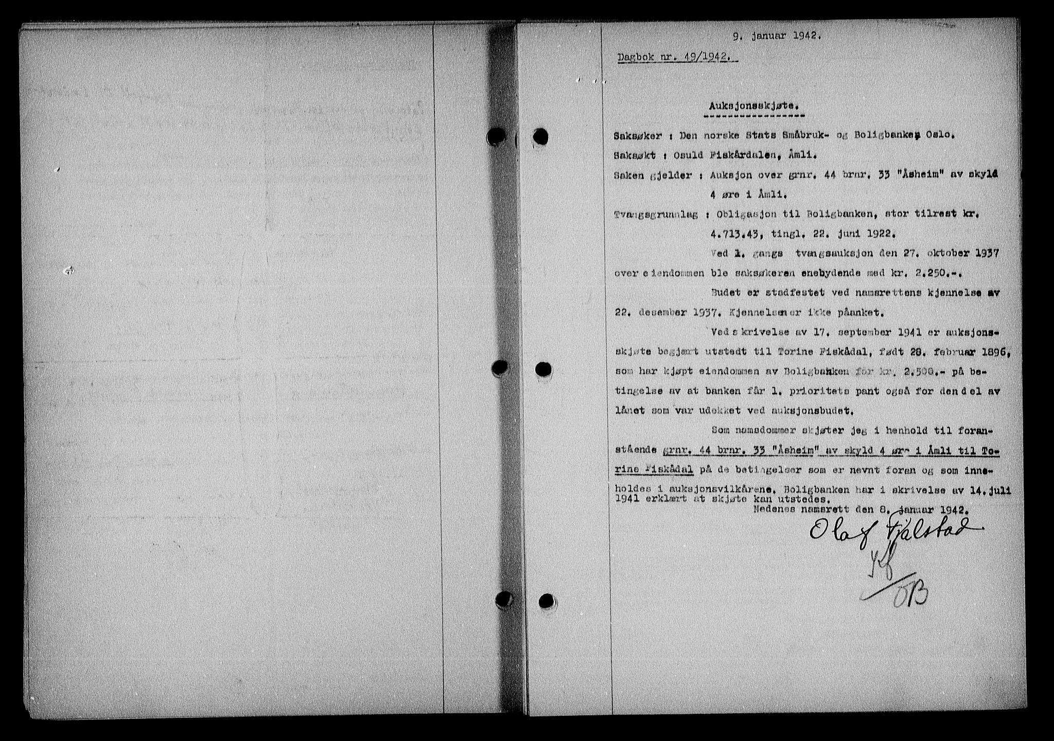Nedenes sorenskriveri, SAK/1221-0006/G/Gb/Gba/L0049: Mortgage book no. A-III, 1941-1942, Diary no: : 49/1942