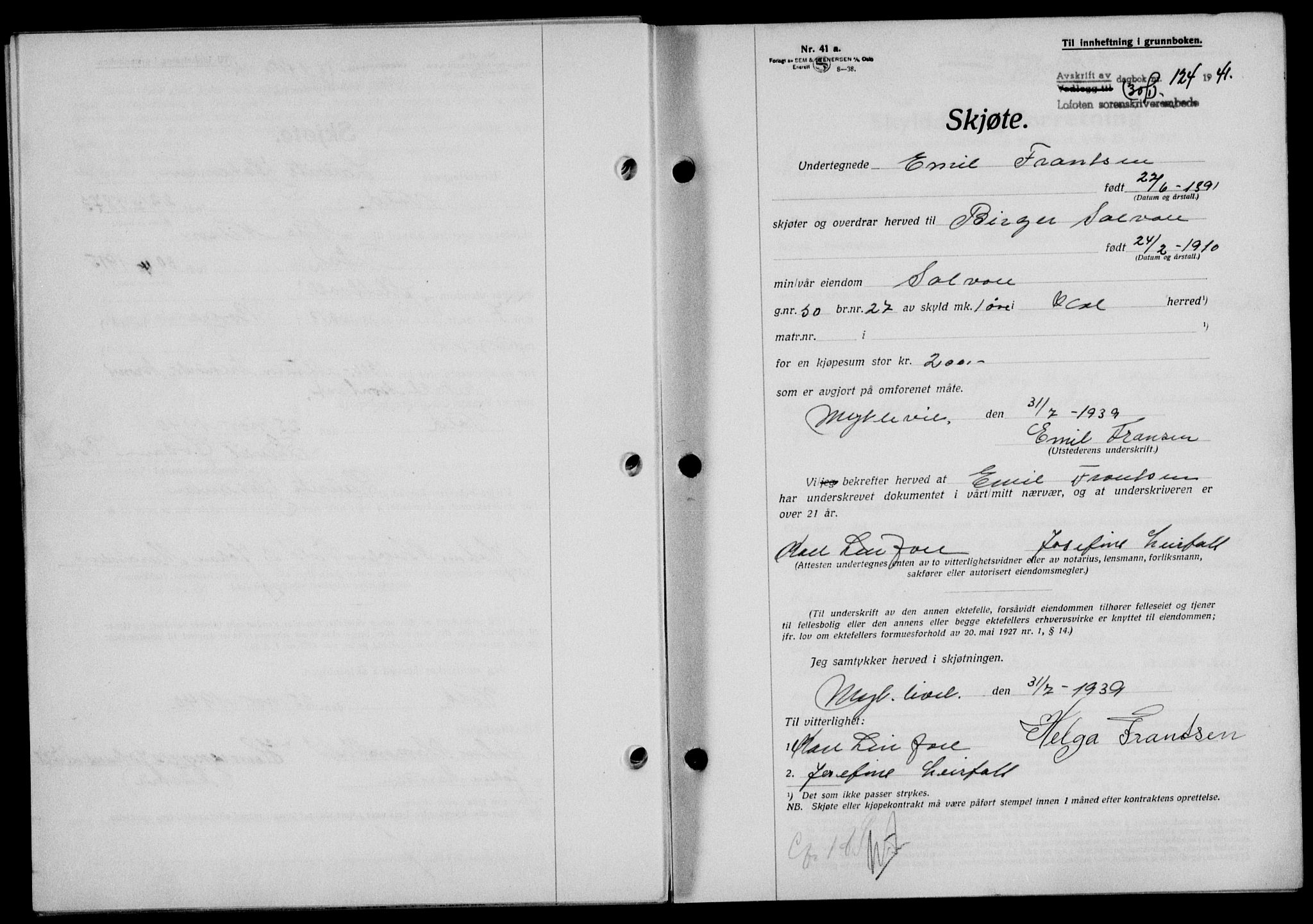 Lofoten sorenskriveri, SAT/A-0017/1/2/2C/L0008a: Mortgage book no. 8a, 1940-1941, Diary no: : 124/1941