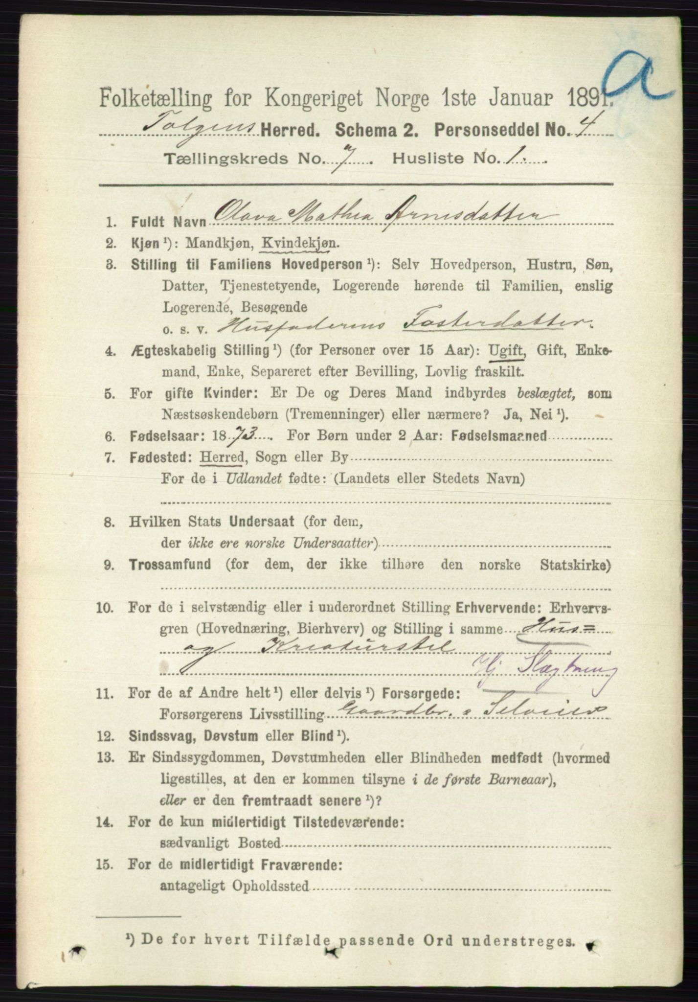 RA, 1891 census for 0436 Tolga, 1891, p. 2026