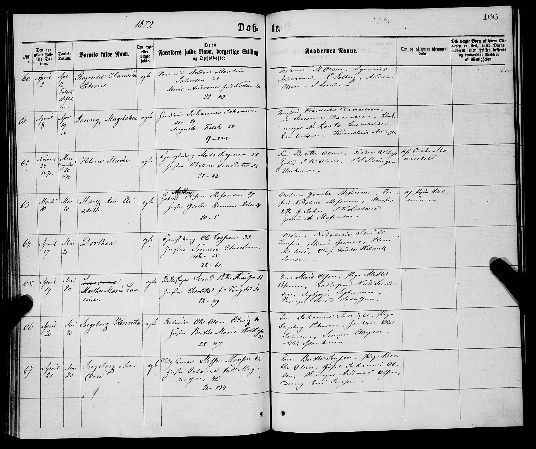 Korskirken sokneprestembete, AV/SAB-A-76101/H/Haa/L0020: Parish register (official) no. B 6, 1871-1878, p. 166