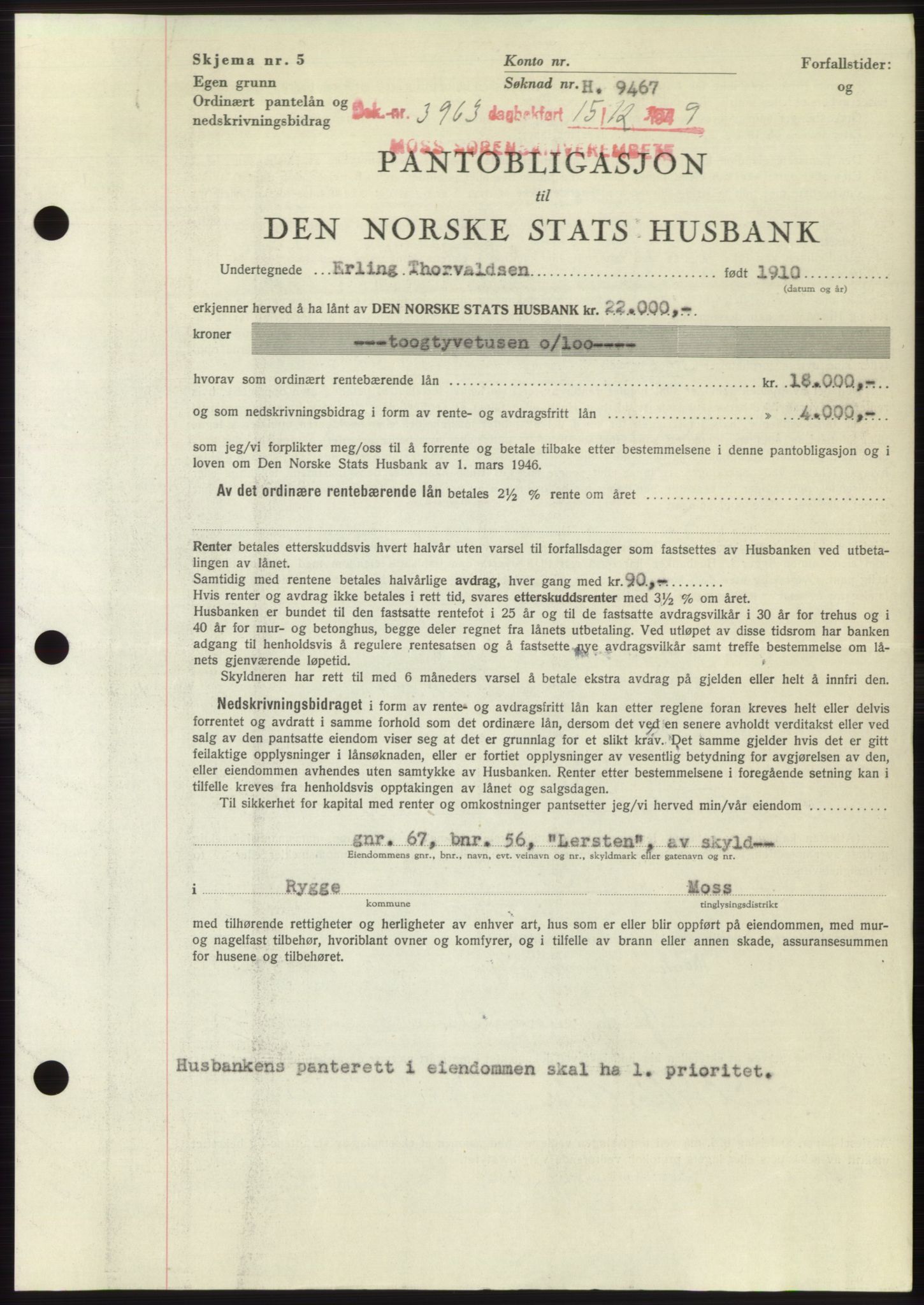 Moss sorenskriveri, SAO/A-10168: Mortgage book no. B23, 1949-1950, Diary no: : 3963/1949