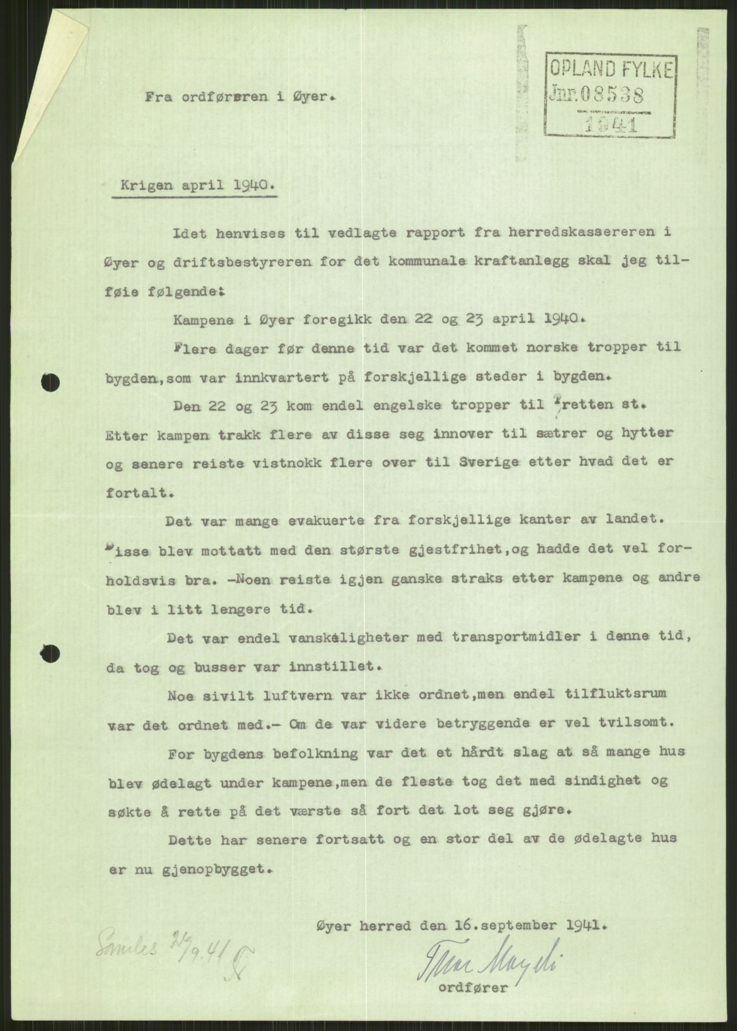 Forsvaret, Forsvarets krigshistoriske avdeling, AV/RA-RAFA-2017/Y/Ya/L0014: II-C-11-31 - Fylkesmenn.  Rapporter om krigsbegivenhetene 1940., 1940, p. 71