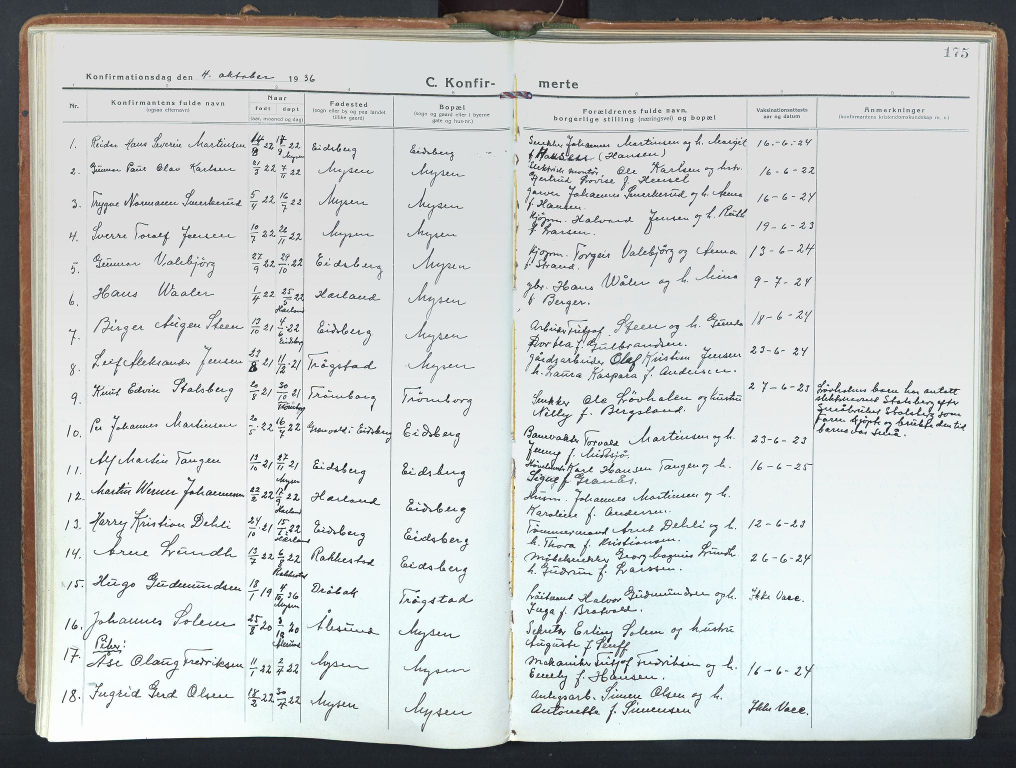 Eidsberg prestekontor Kirkebøker, AV/SAO-A-10905/F/Fd/L0001: Parish register (official) no. IV 1, 1921-1948, p. 175