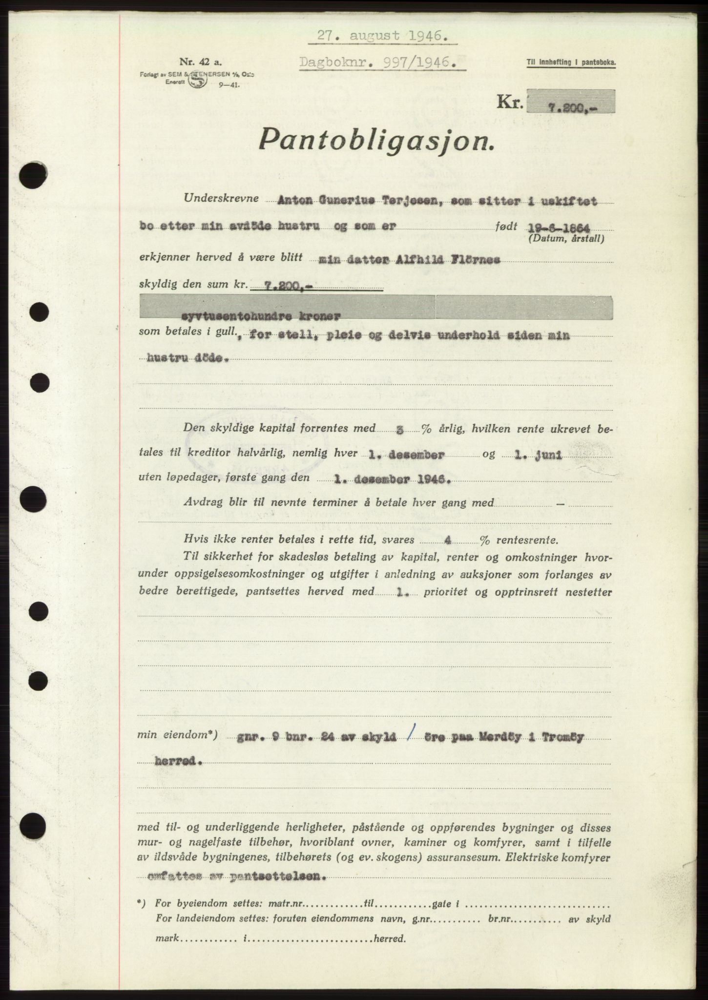 Nedenes sorenskriveri, SAK/1221-0006/G/Gb/Gbb/L0003: Mortgage book no. B3b, 1946-1946, Diary no: : 997/1946
