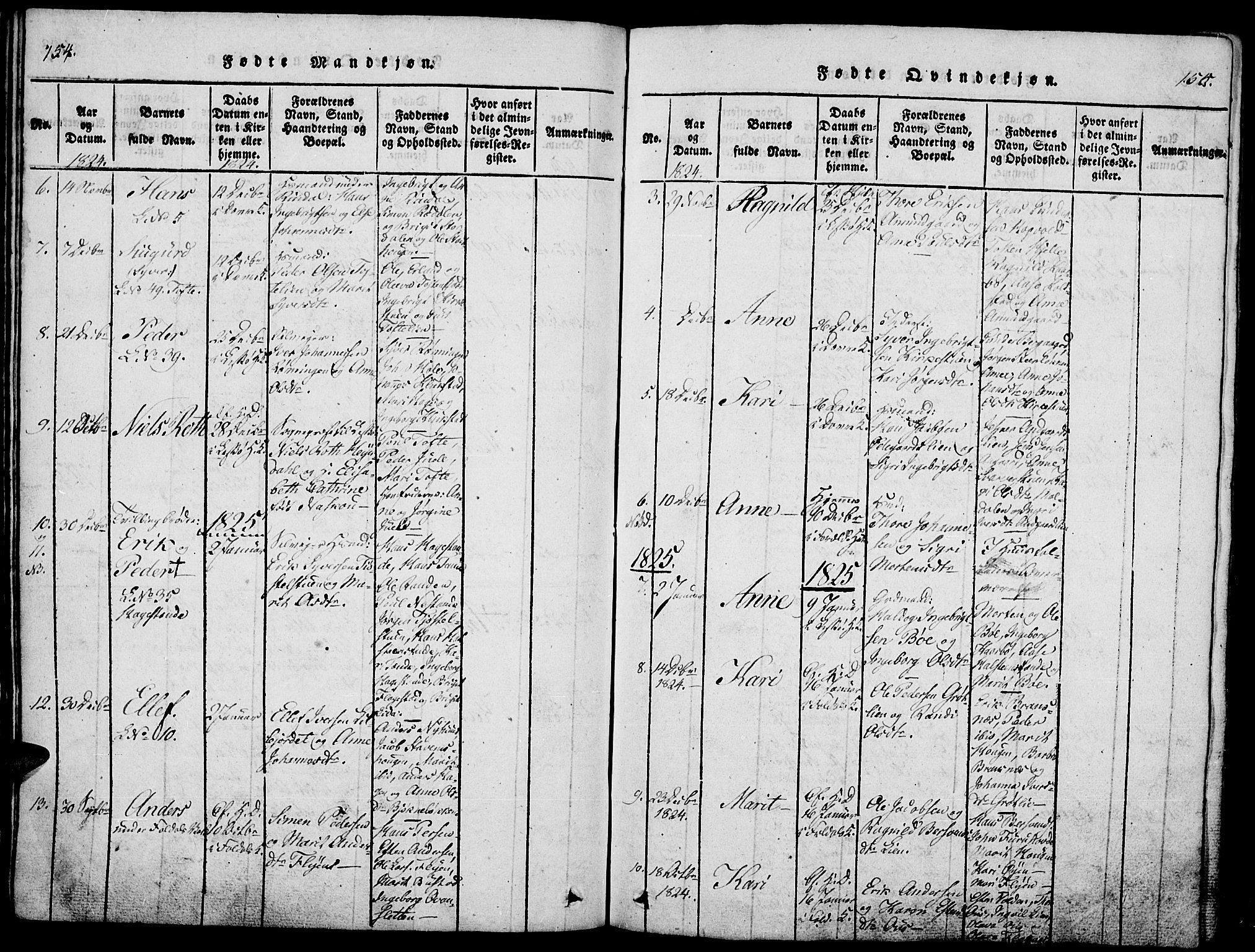 Lesja prestekontor, SAH/PREST-068/H/Ha/Haa/L0004: Parish register (official) no. 4, 1820-1829, p. 154-155