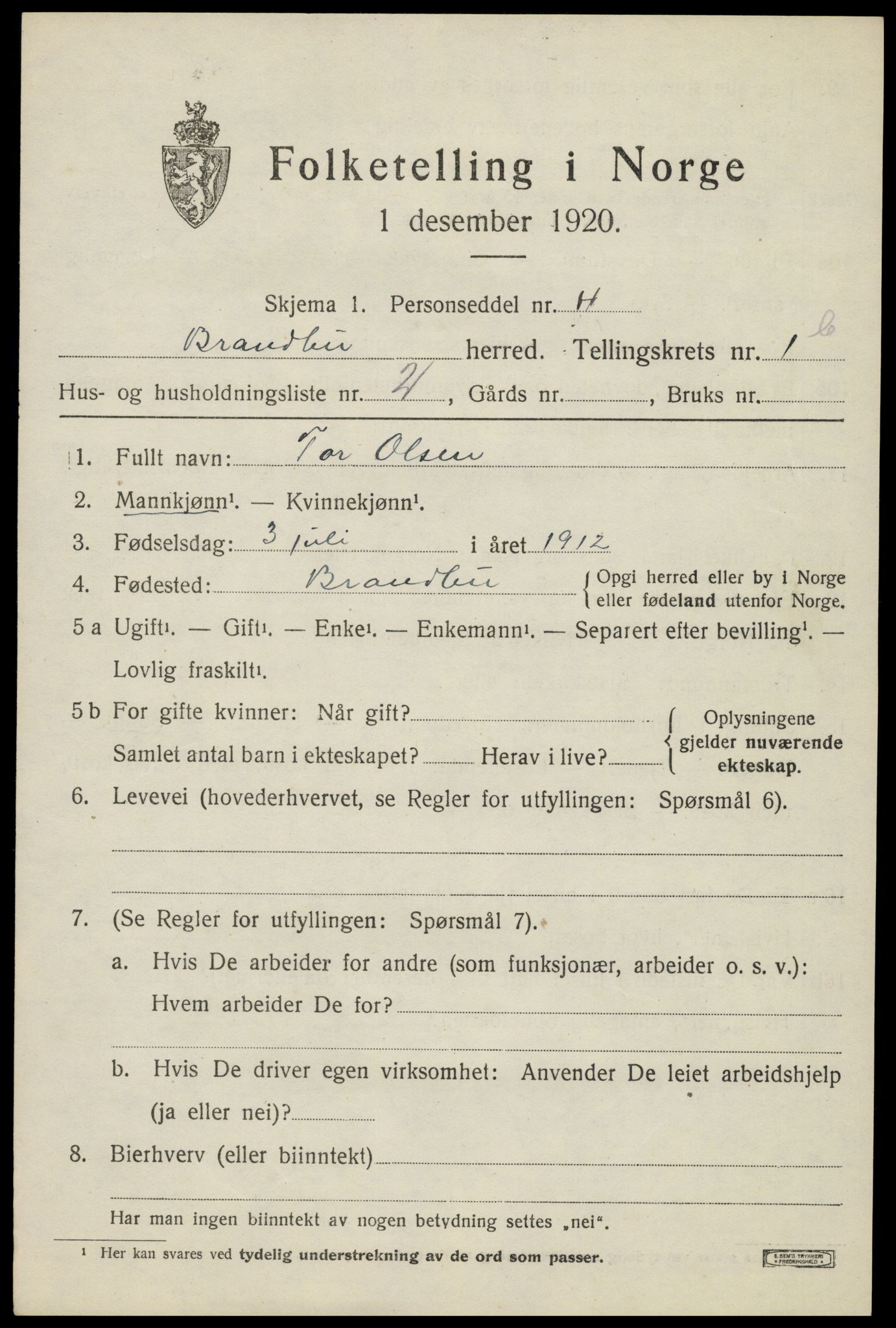 SAH, 1920 census for Brandbu, 1920, p. 3097