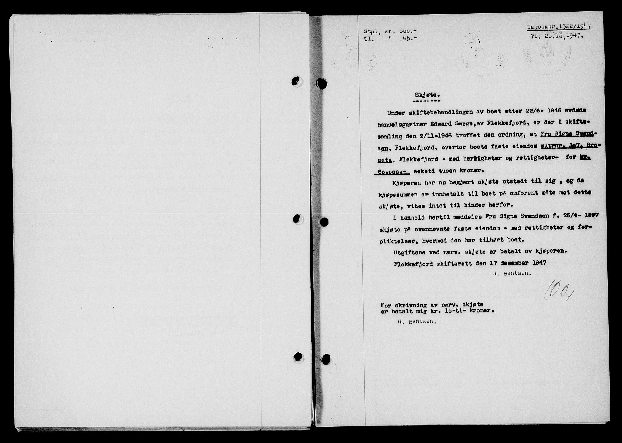 Flekkefjord sorenskriveri, SAK/1221-0001/G/Gb/Gba/L0063: Mortgage book no. A-11, 1947-1948, Diary no: : 1322/1947