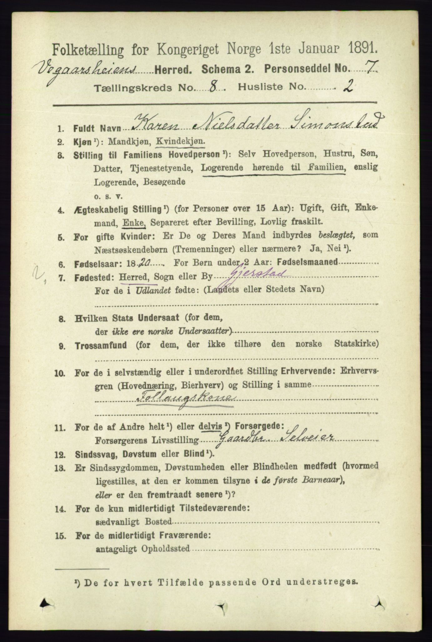 RA, 1891 census for 0912 Vegårshei, 1891, p. 1498