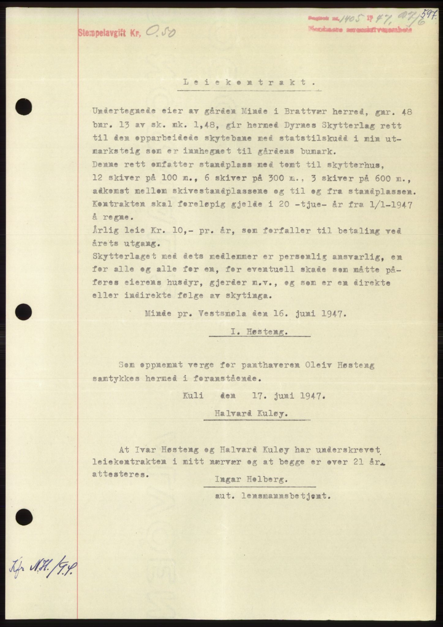 Nordmøre sorenskriveri, AV/SAT-A-4132/1/2/2Ca: Mortgage book no. B96, 1947-1947, Diary no: : 1405/1947