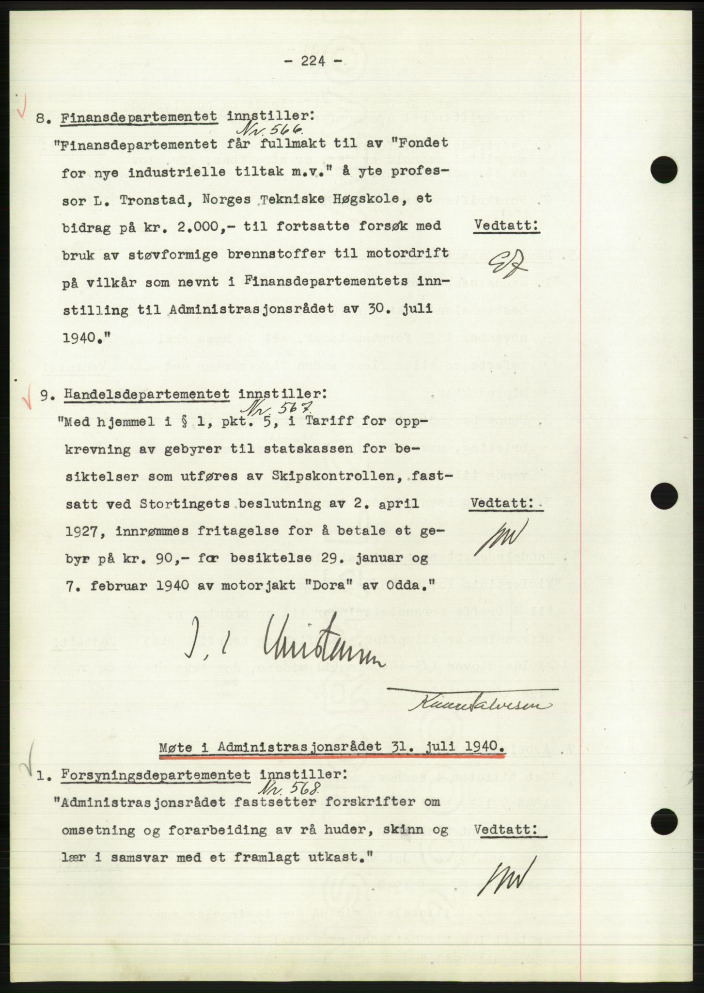 Administrasjonsrådet, AV/RA-S-1004/A/L0002: Vedtaksprotokoll 16/4-25/9, 1940, p. 228