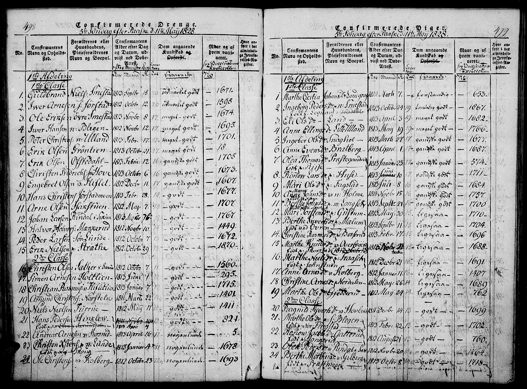 Fåberg prestekontor, AV/SAH-PREST-086/H/Ha/Haa/L0003: Parish register (official) no. 3, 1818-1833, p. 498-499