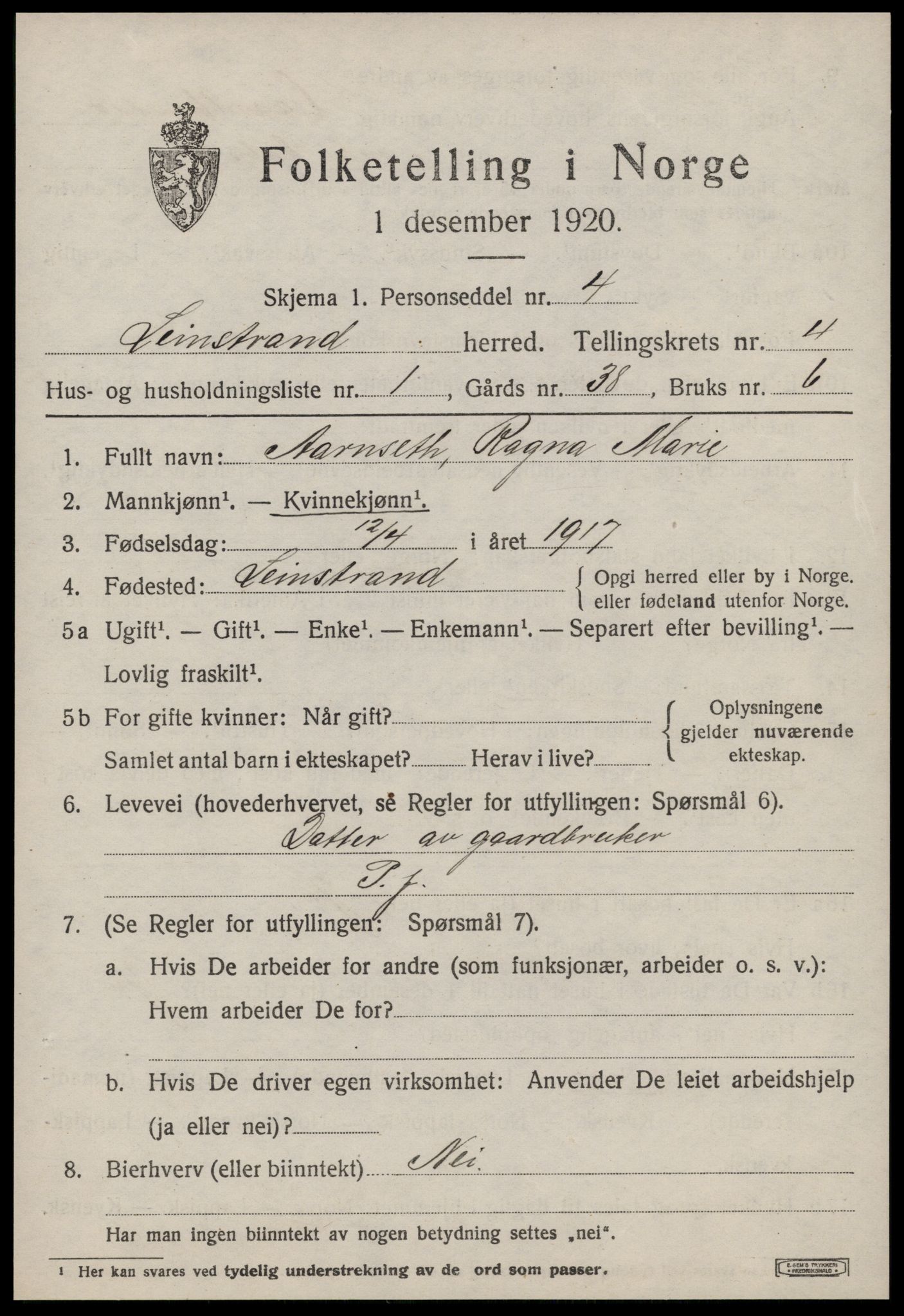 SAT, 1920 census for Leinstrand, 1920, p. 3809