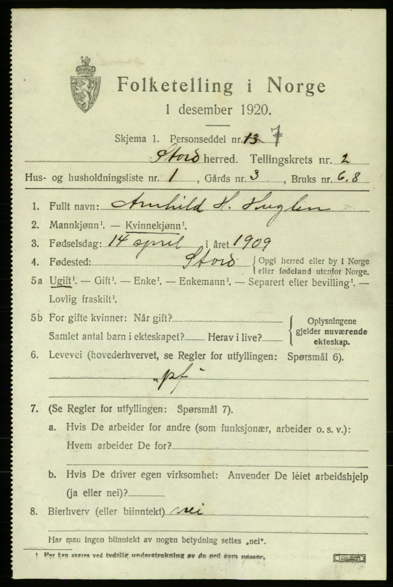 SAB, 1920 census for Stord, 1920, p. 1495