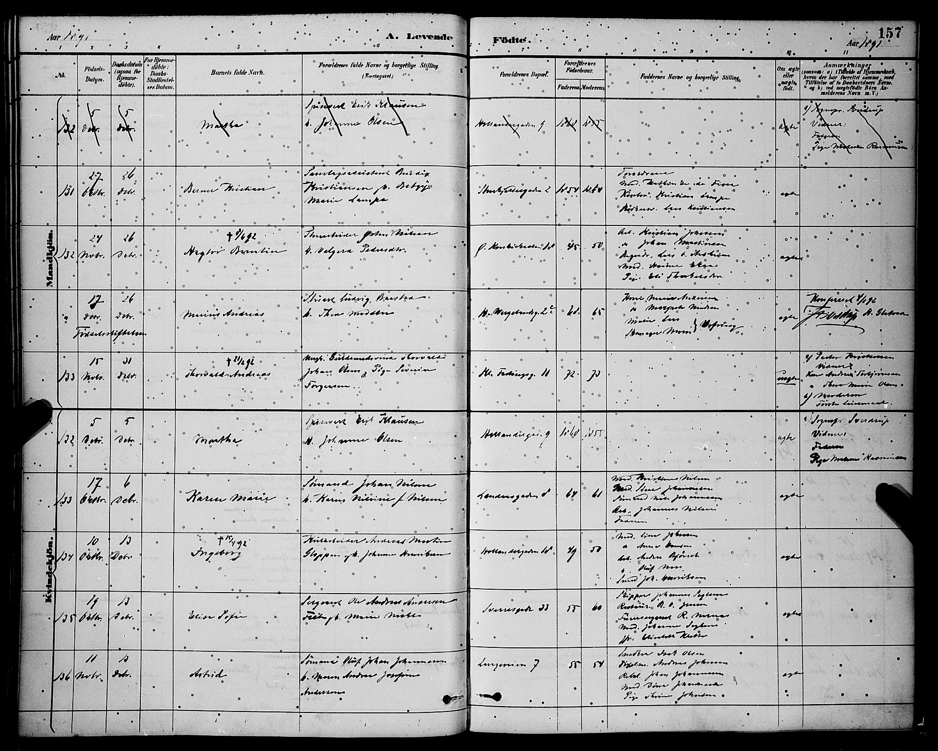 Korskirken sokneprestembete, AV/SAB-A-76101/H/Hab: Parish register (copy) no. B 9, 1887-1896, p. 157