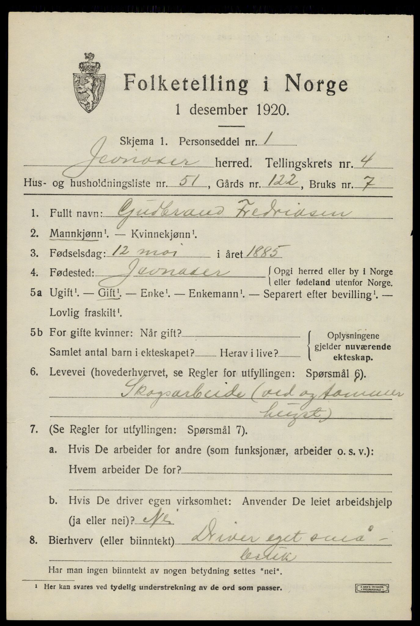 SAH, 1920 census for Jevnaker, 1920, p. 7083