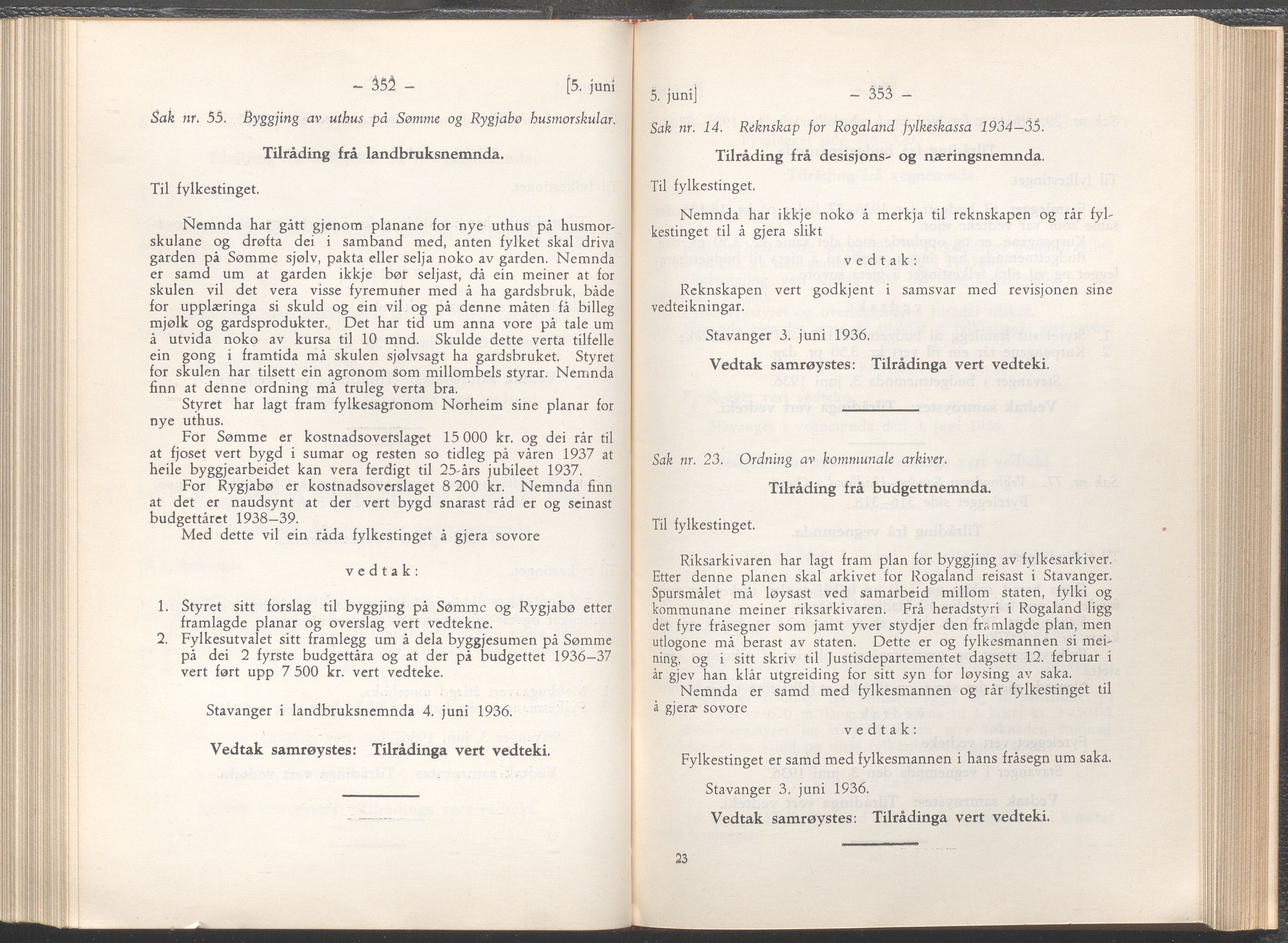 Rogaland fylkeskommune - Fylkesrådmannen , IKAR/A-900/A/Aa/Aaa/L0055: Møtebok , 1936, p. 352-353