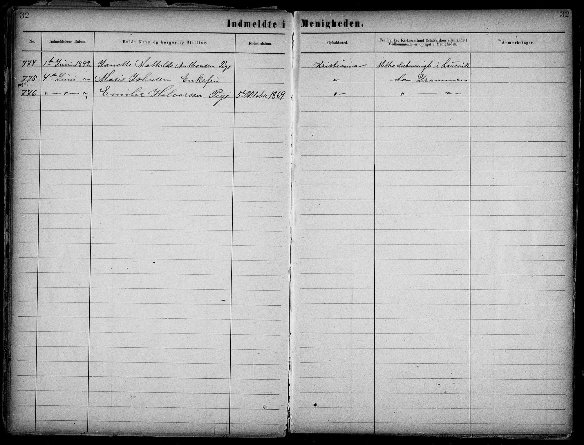 Første Metodistkirke Oslo -  menighetsprotokoller, SAO/PAO-0067/F/L0002: Dissenter register no. 2, 1883-1892, p. 32