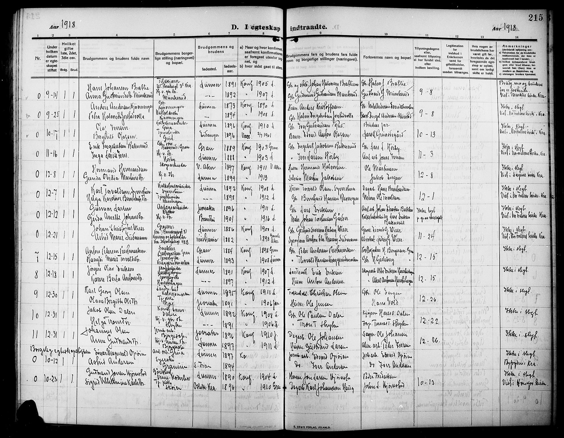 Lunner prestekontor, SAH/PREST-118/H/Ha/Hab/L0001: Parish register (copy) no. 1, 1909-1922, p. 215