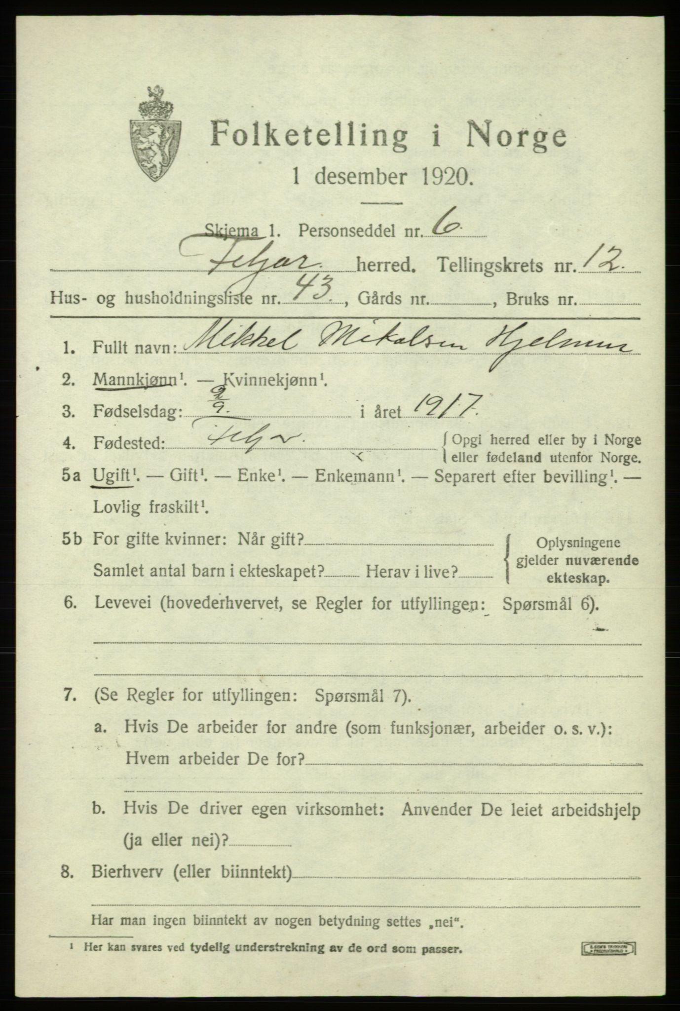 SAB, 1920 census for Fitjar, 1920, p. 5064