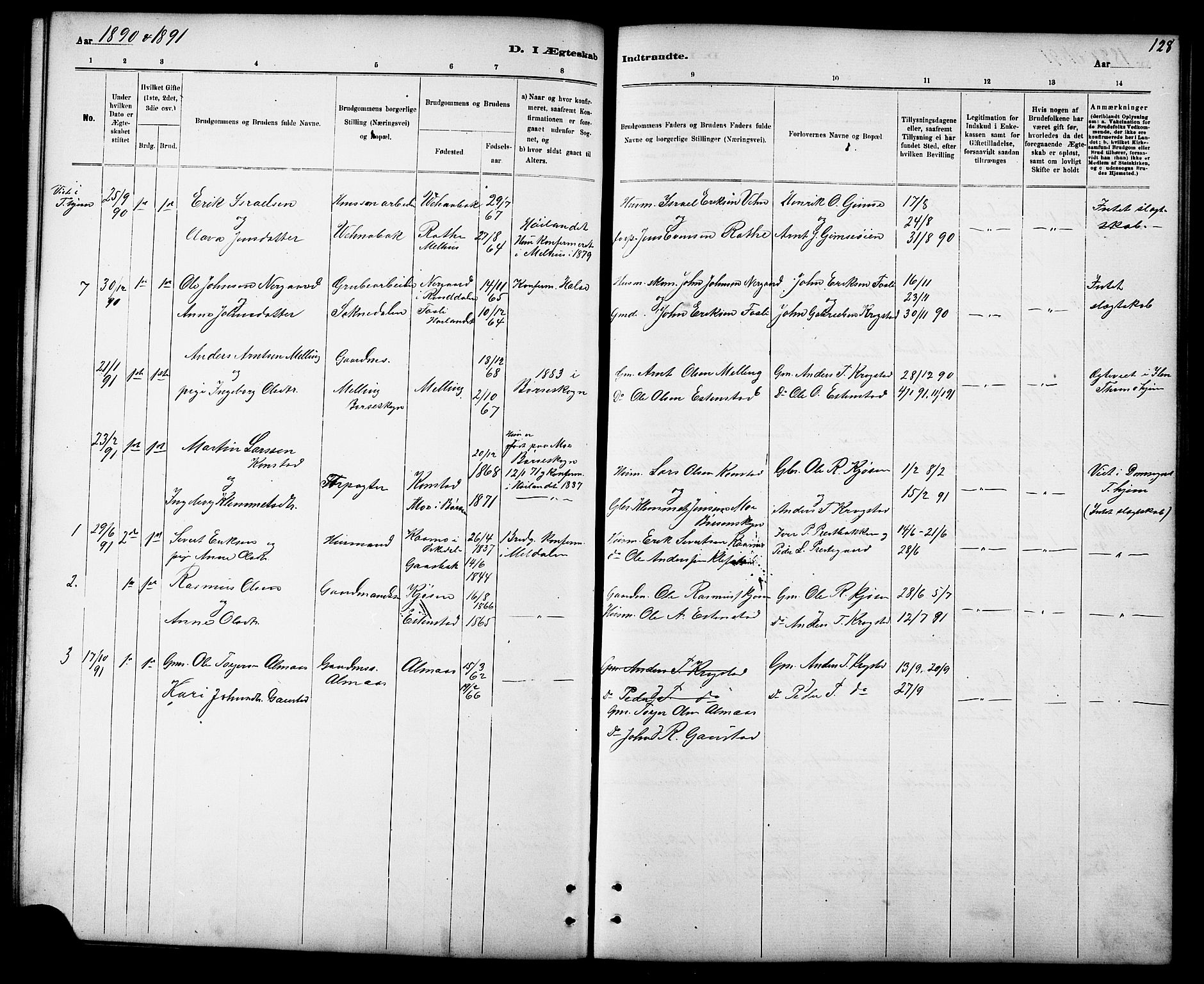 Ministerialprotokoller, klokkerbøker og fødselsregistre - Sør-Trøndelag, SAT/A-1456/694/L1132: Parish register (copy) no. 694C04, 1887-1914, p. 128