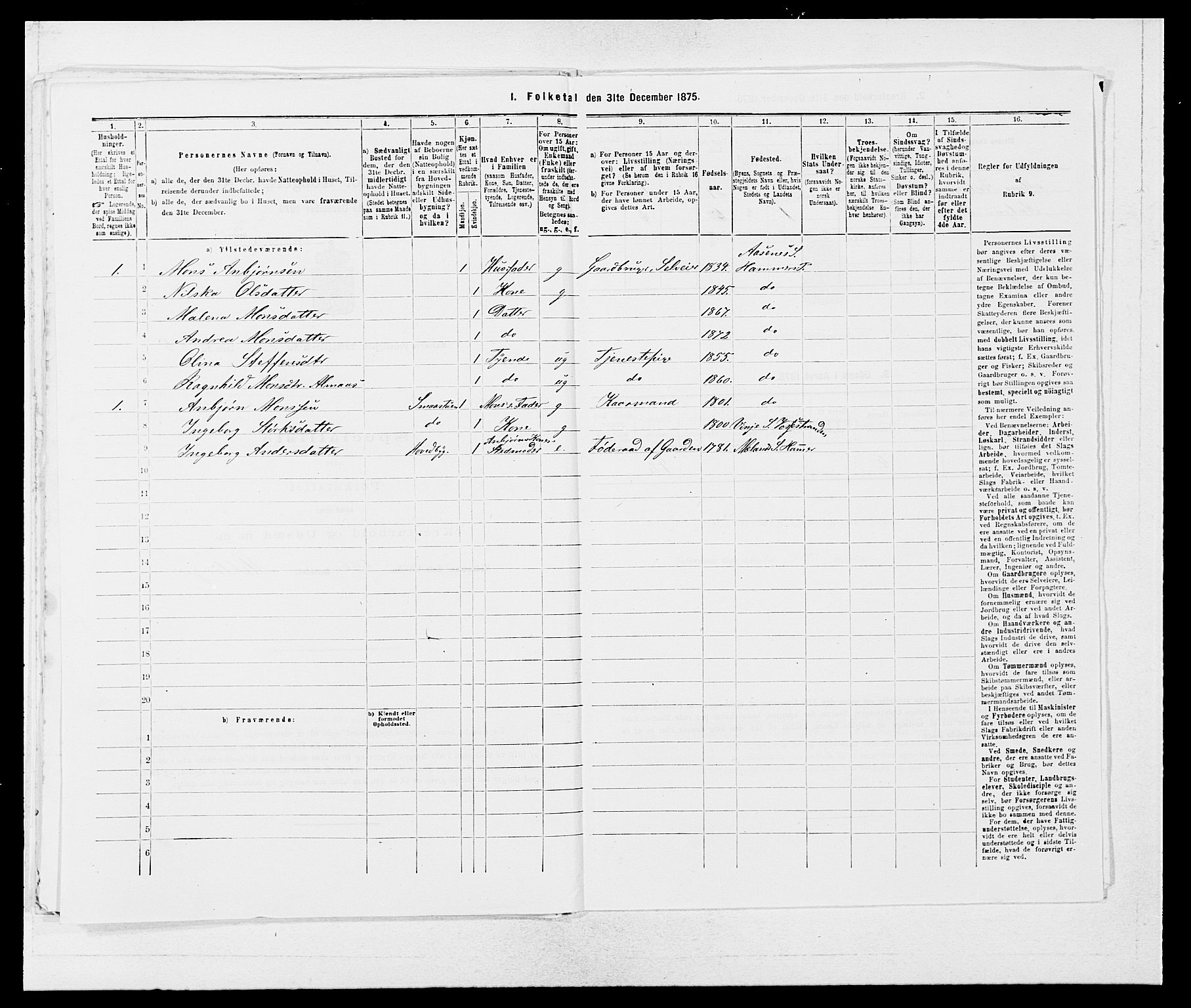 SAB, 1875 census for 1254P Hamre, 1875, p. 1809