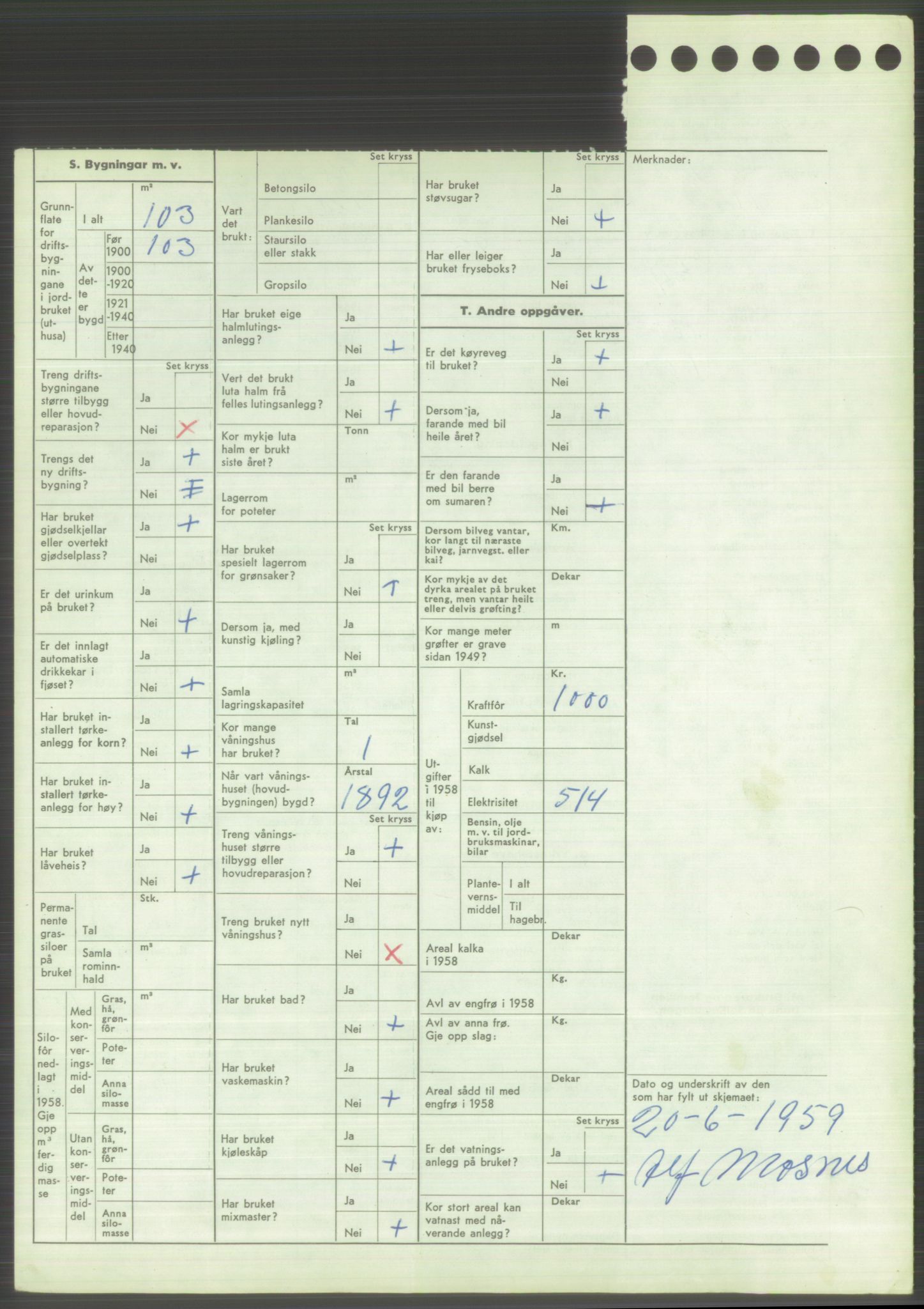 Statistisk sentralbyrå, Næringsøkonomiske emner, Jordbruk, skogbruk, jakt, fiske og fangst, AV/RA-S-2234/G/Gd/L0373: Rogaland: 1130 Strand (kl. 1-2), 1131 Årdal og 1132 Fister, 1959, p. 1842