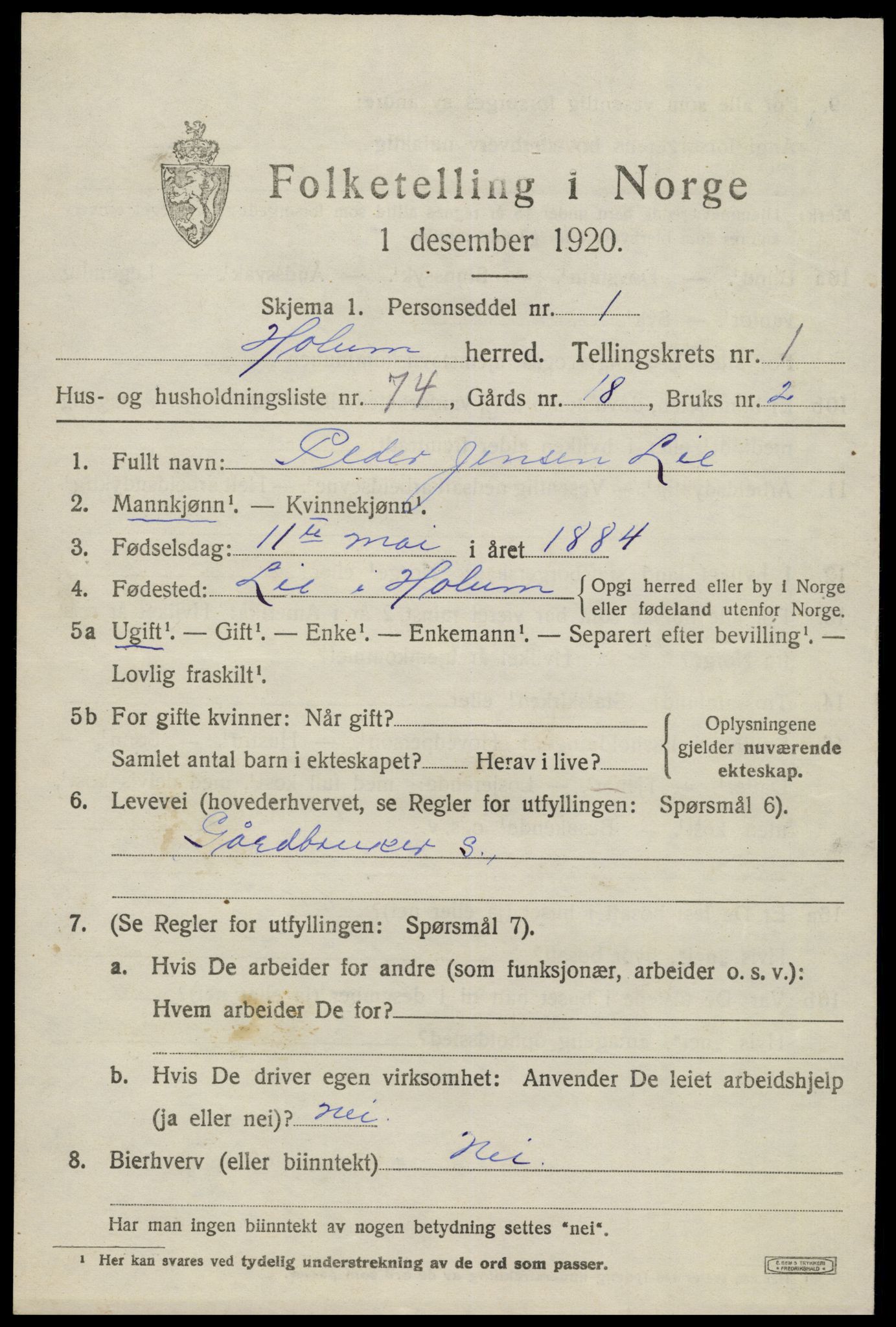 SAK, 1920 census for Holum, 1920, p. 1279