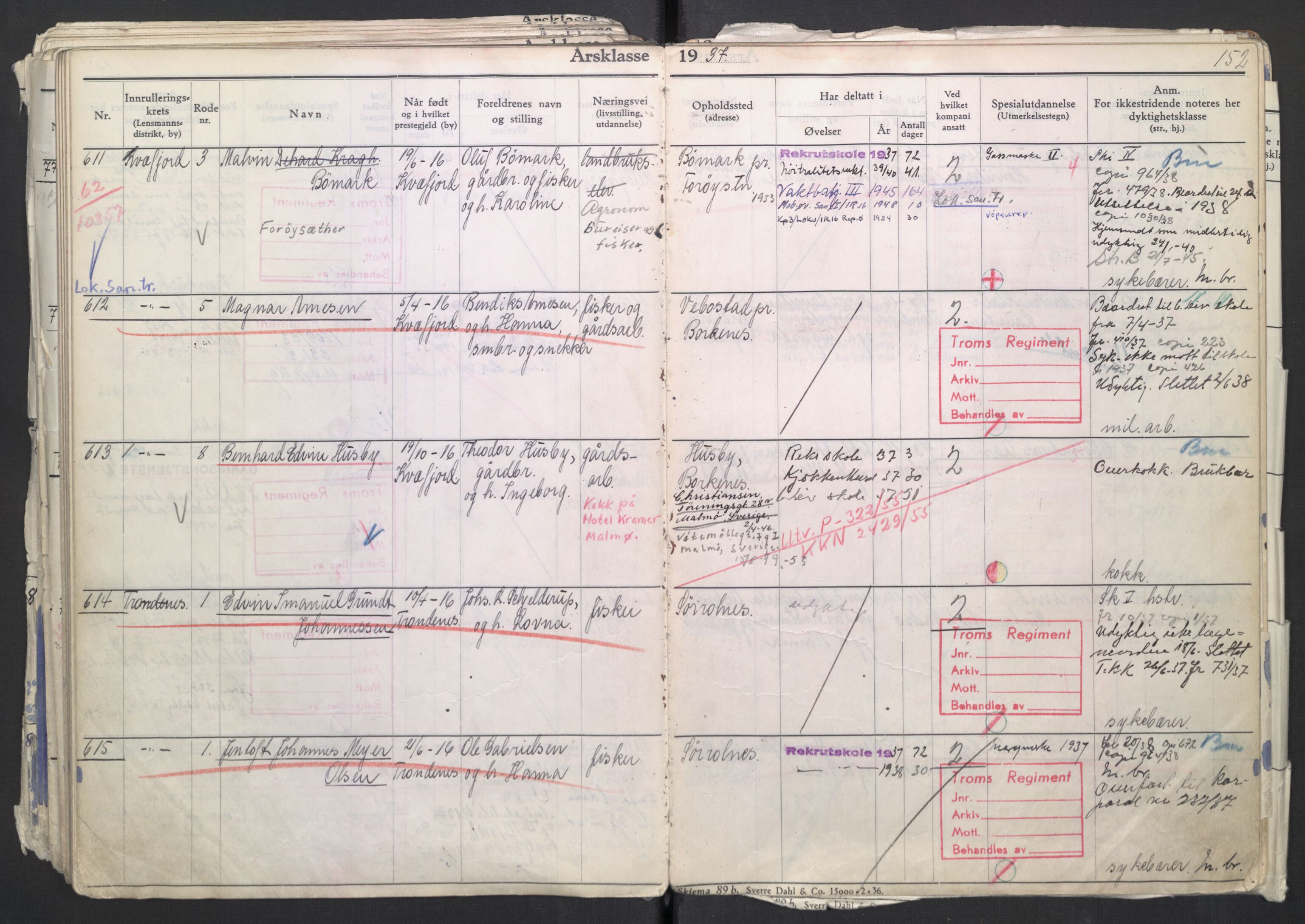 Forsvaret, Troms infanteriregiment nr. 16, AV/RA-RAFA-3146/P/Pa/L0007/0002: Ruller / Rulle for regimentets menige mannskaper, årsklasse 1937, 1937, p. 152