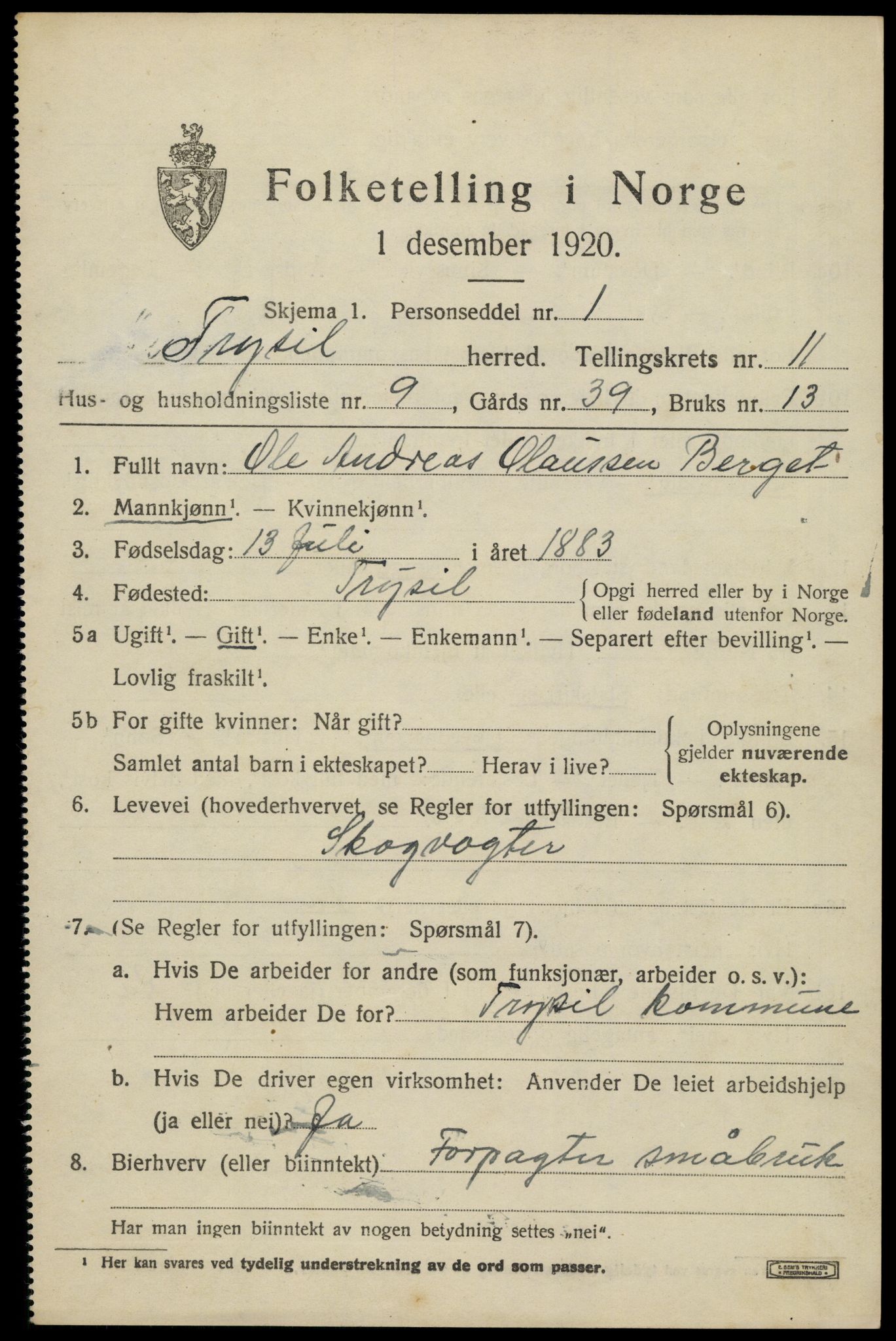 SAH, 1920 census for Trysil, 1920, p. 7055