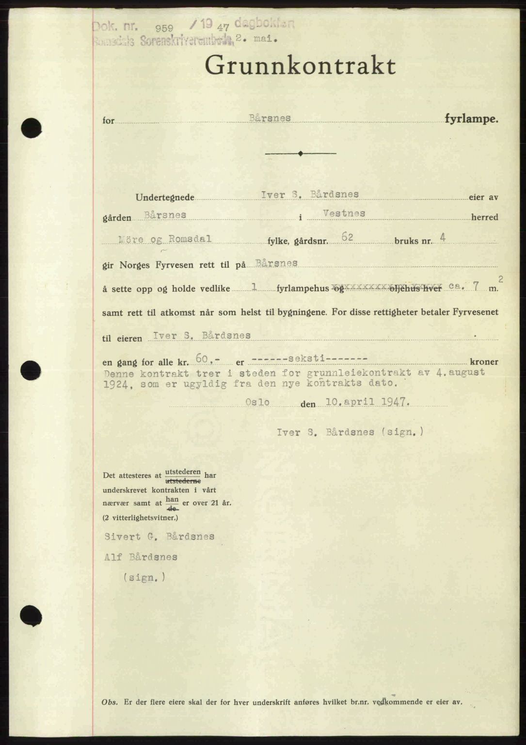 Romsdal sorenskriveri, SAT/A-4149/1/2/2C: Mortgage book no. A22, 1947-1947, Diary no: : 959/1947