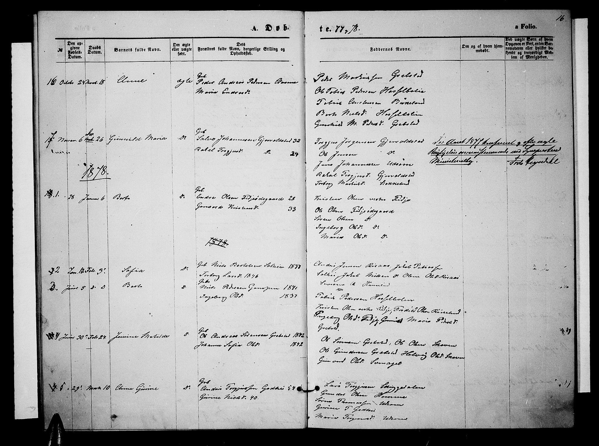 Søgne sokneprestkontor, SAK/1111-0037/F/Fb/Fba/L0003: Parish register (copy) no. B 3, 1874-1887, p. 16